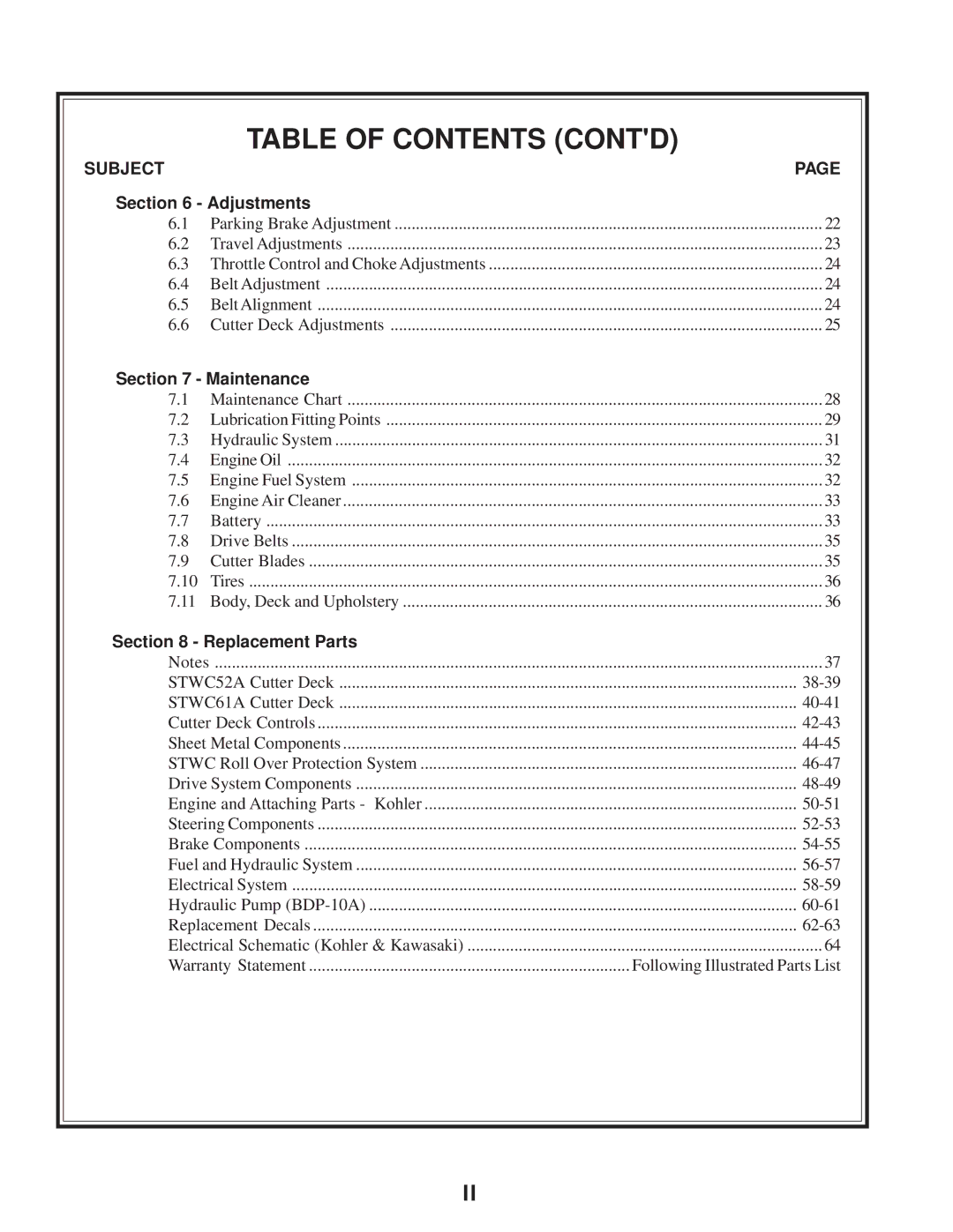 Scag Power Equipment STWC operating instructions Table of Contents Contd 