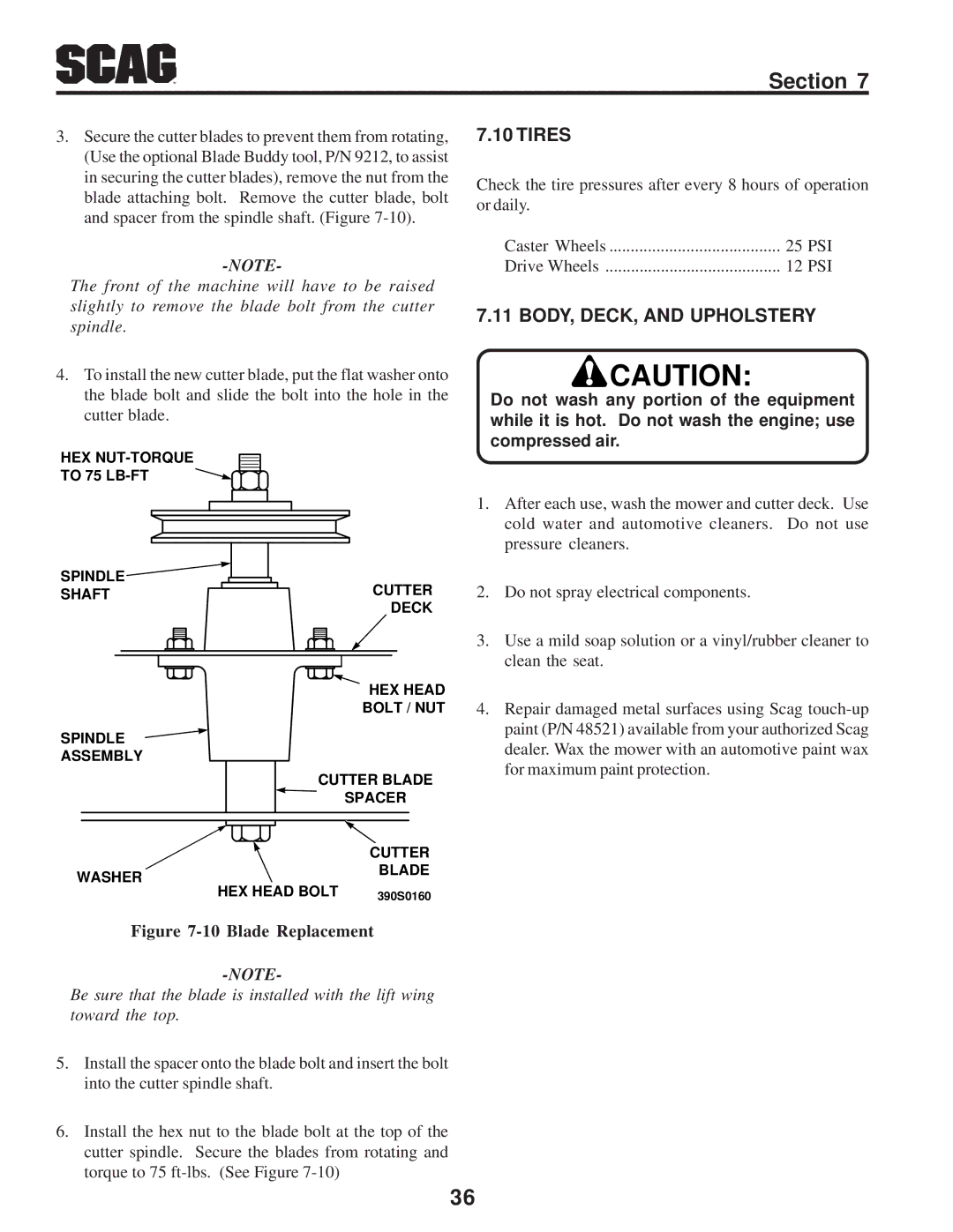 Scag Power Equipment STWC operating instructions Tires, BODY, DECK, and Upholstery 