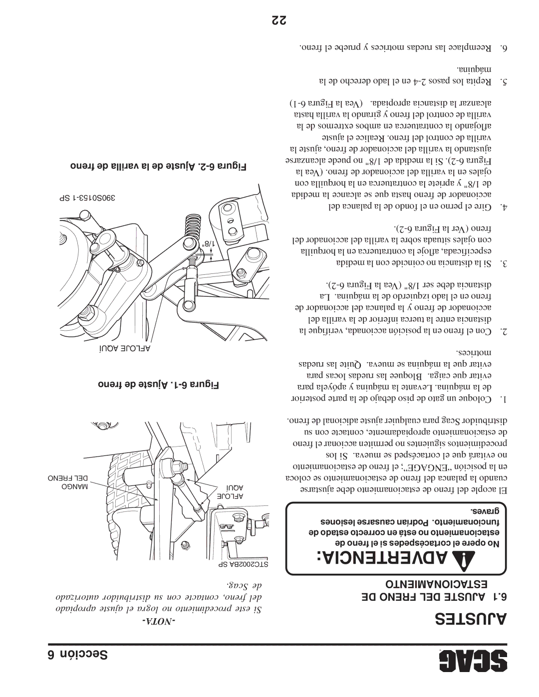 Scag Power Equipment STWC Ajustes, Estacionamiento DE Freno DEL Ajuste, Freno de varilla la de Ajuste .2-6 Figura 