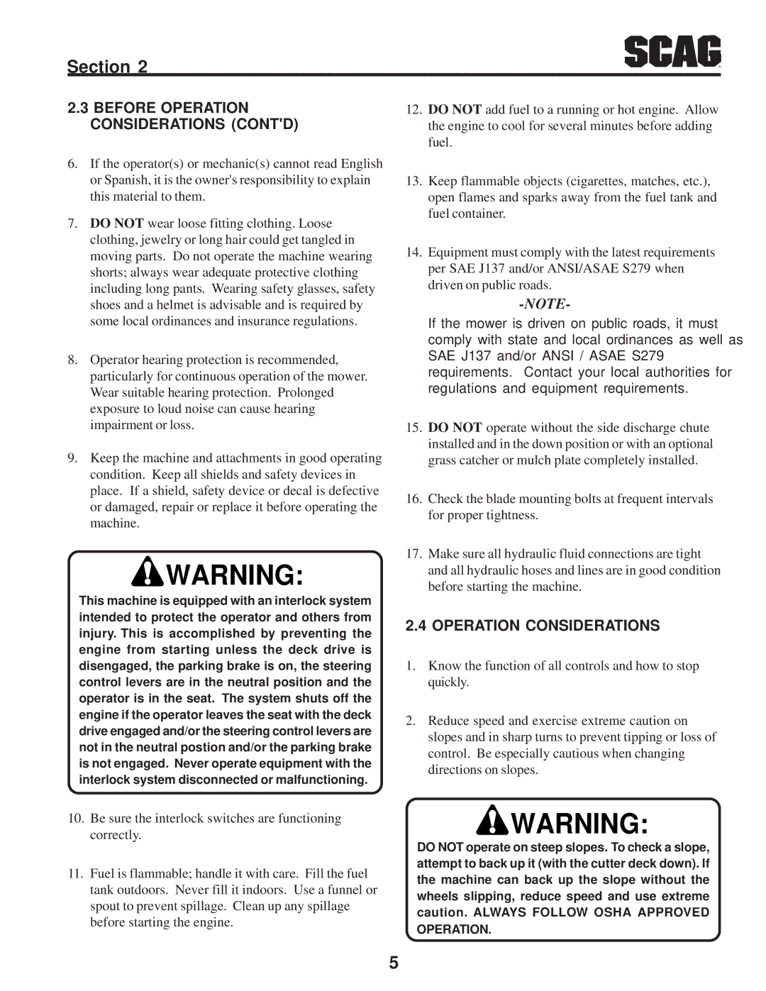 Scag Power Equipment STWC operating instructions Before Operation Considerations Contd 