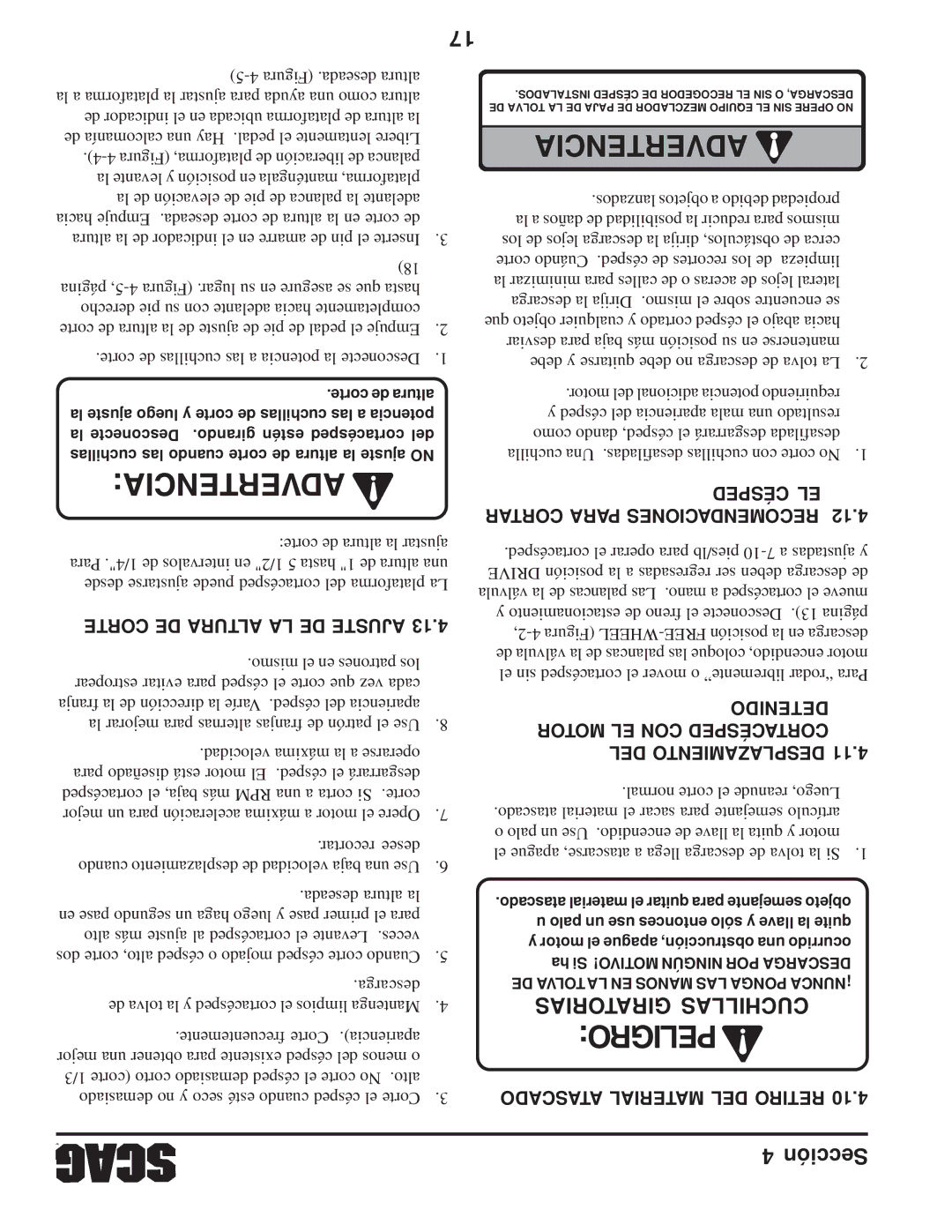 Scag Power Equipment STWC operating instructions Corte DE Altura LA DE Ajuste, Césped EL Cortar Para Recomendaciones 