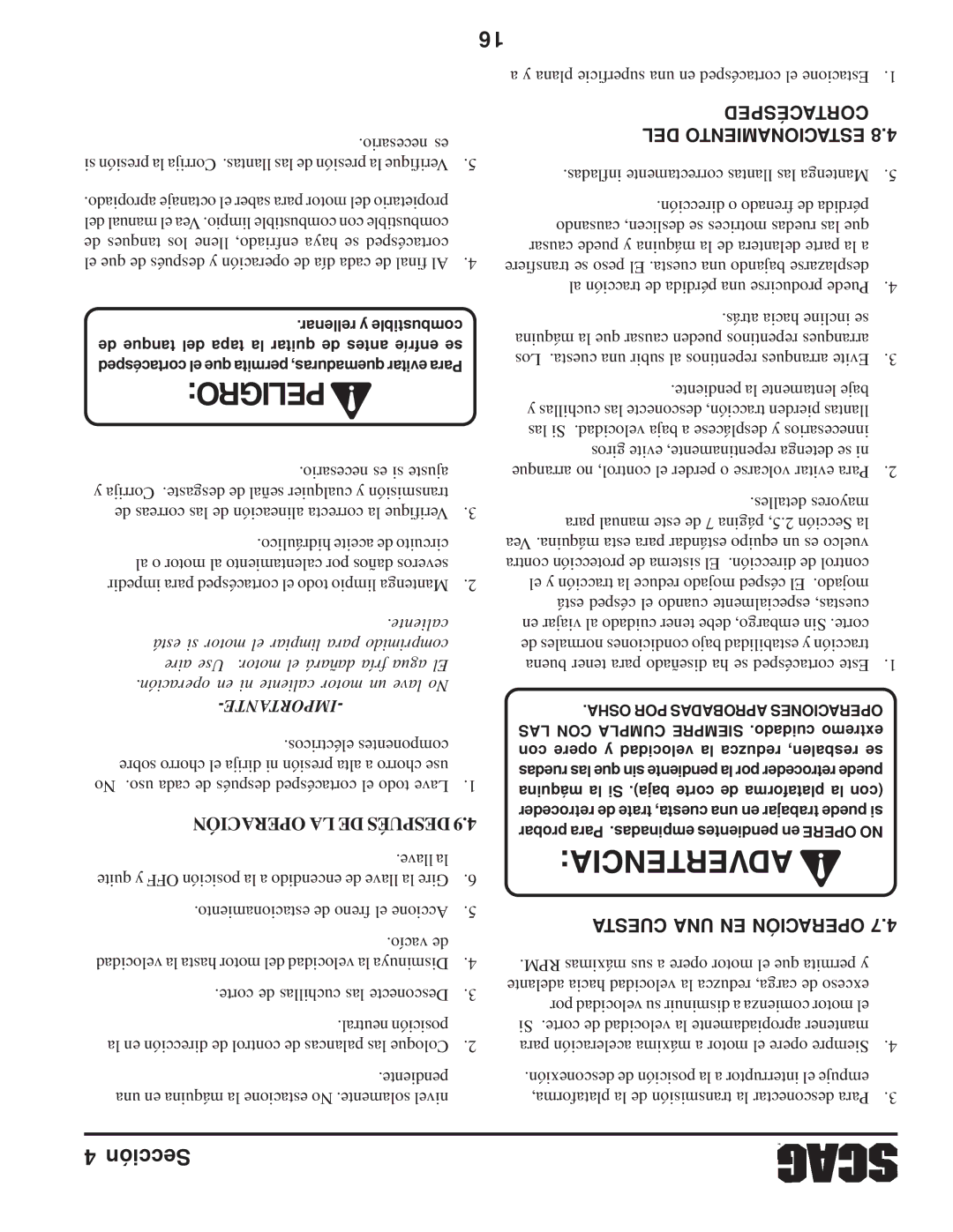 Scag Power Equipment STWC operating instructions Cortacésped, DEL Estacionamiento, Cuesta UNA EN Operación 