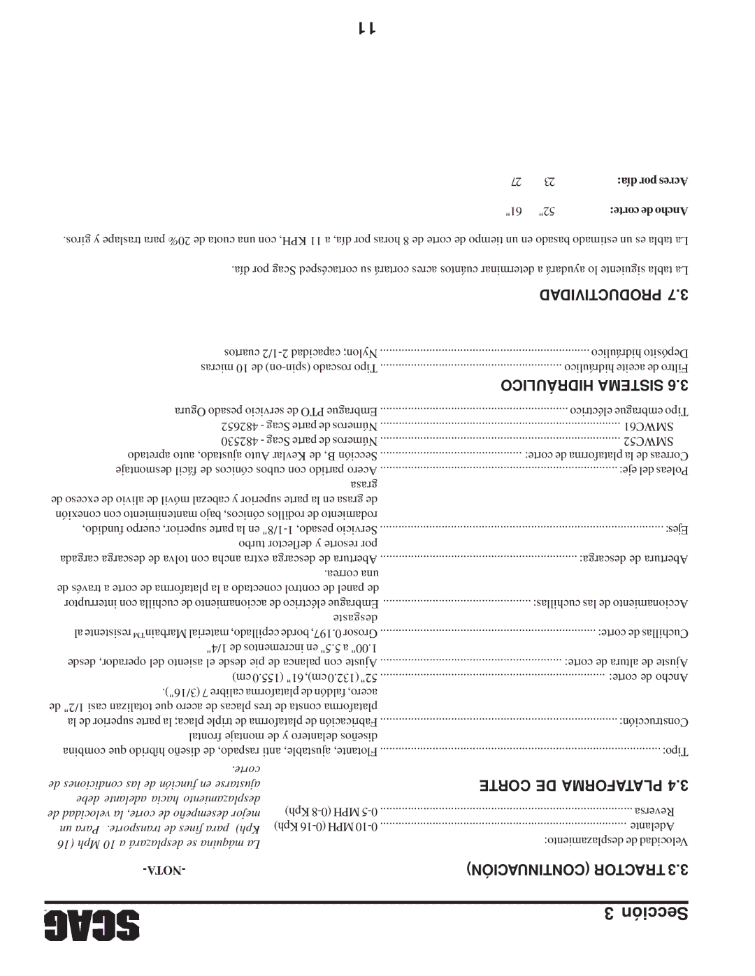 Scag Power Equipment STWC operating instructions Productividad, Corte DE Plataforma, Continuación Tractor 