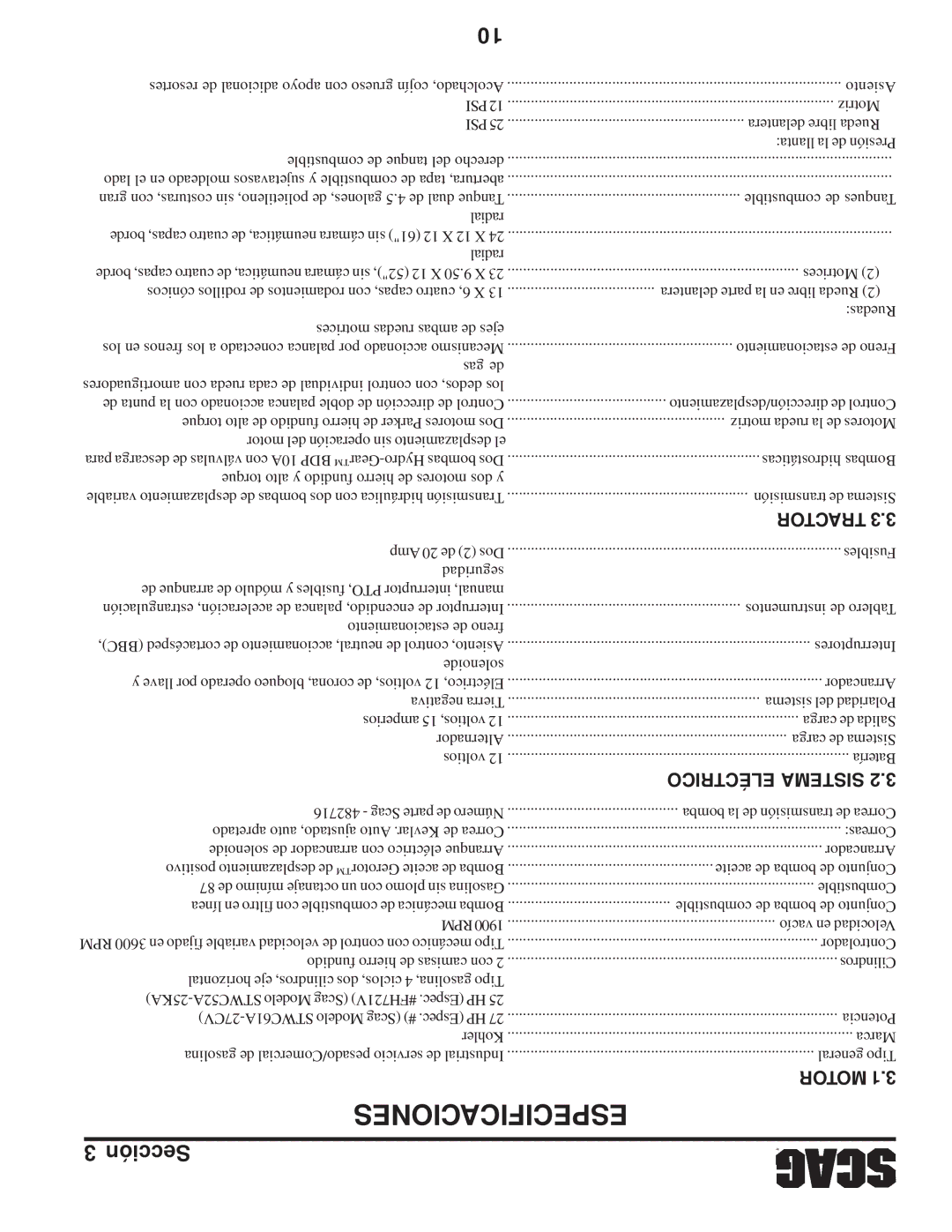 Scag Power Equipment STWC operating instructions Especificaciones, Tractor, Eléctrico Sistema, Motor 