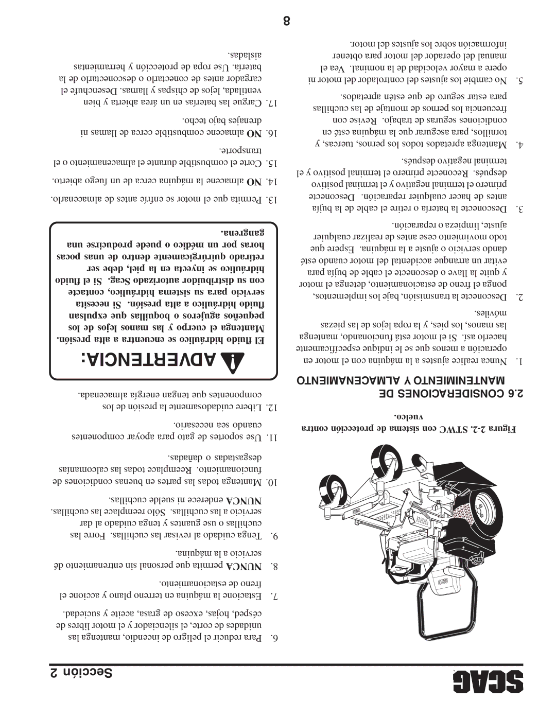 Scag Power Equipment STWC operating instructions Almacenamiento Y Mantenimiento DE Consideraciones 