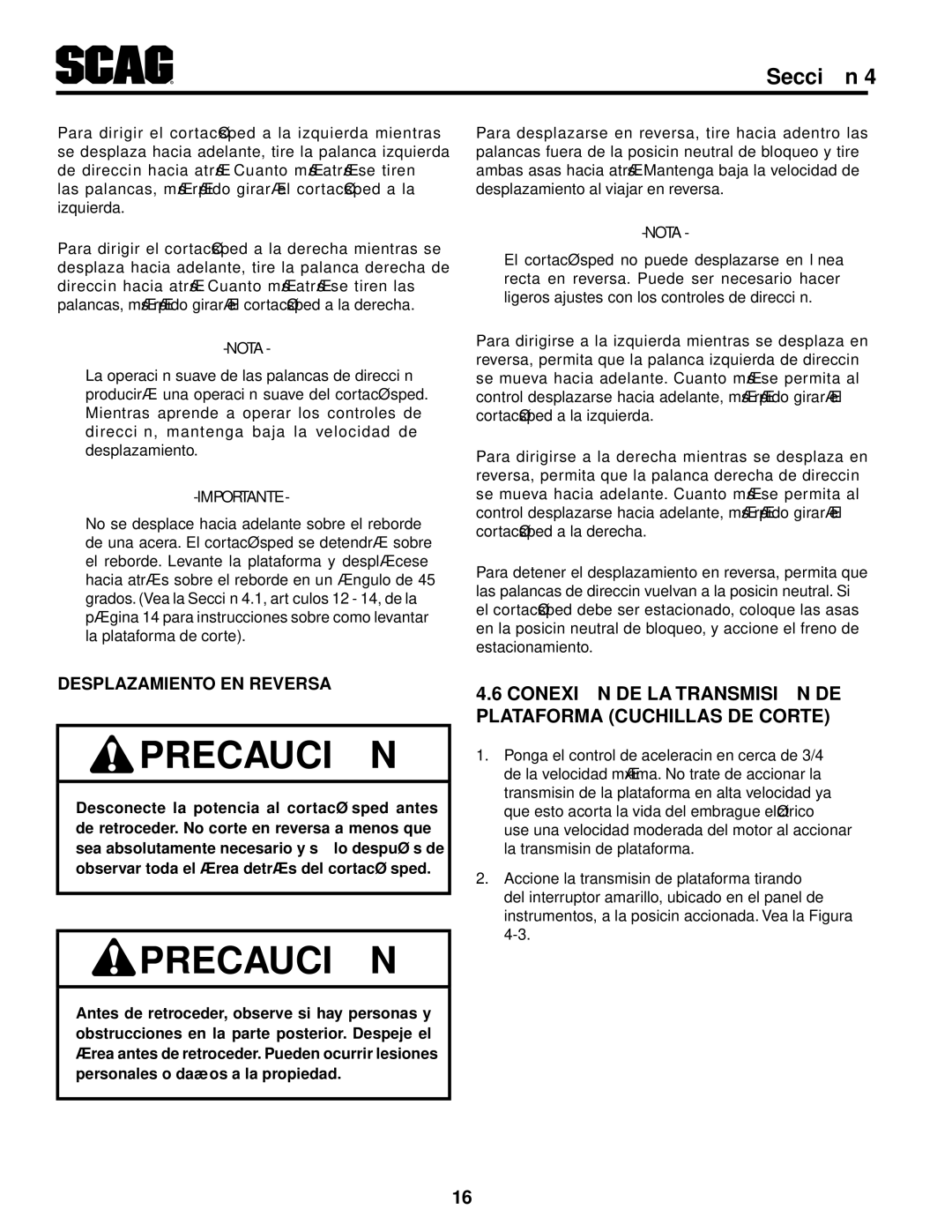 Scag Power Equipment STWC48V-25CV, STWC48V-26KA-LC operating instructions Llas d Cor, Elranst Isiónm, Co 6ne.4 iónx, Desp 