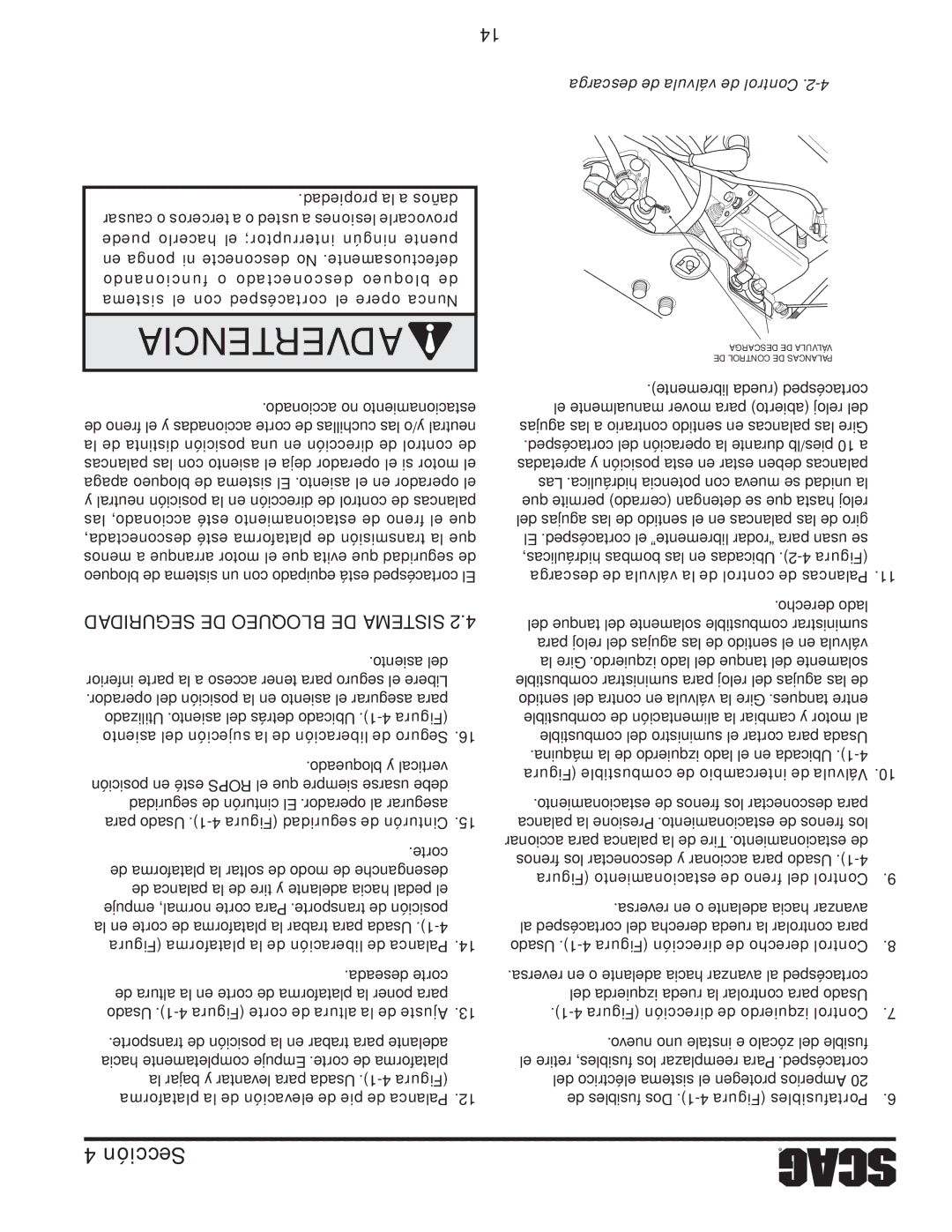 Scag Power Equipment STWC48V-25CV, STWC48V-26KA-LC operating instructions Se urig, Uedd o, Descarga de válvula de Control 