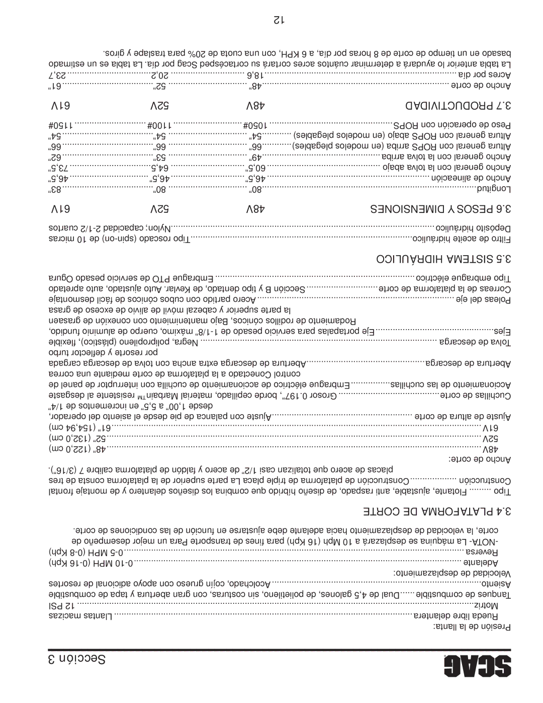 Scag Power Equipment STWC48V-25CV, STWC48V-26KA-LC operating instructions 61V 52V 48V, Productividad 