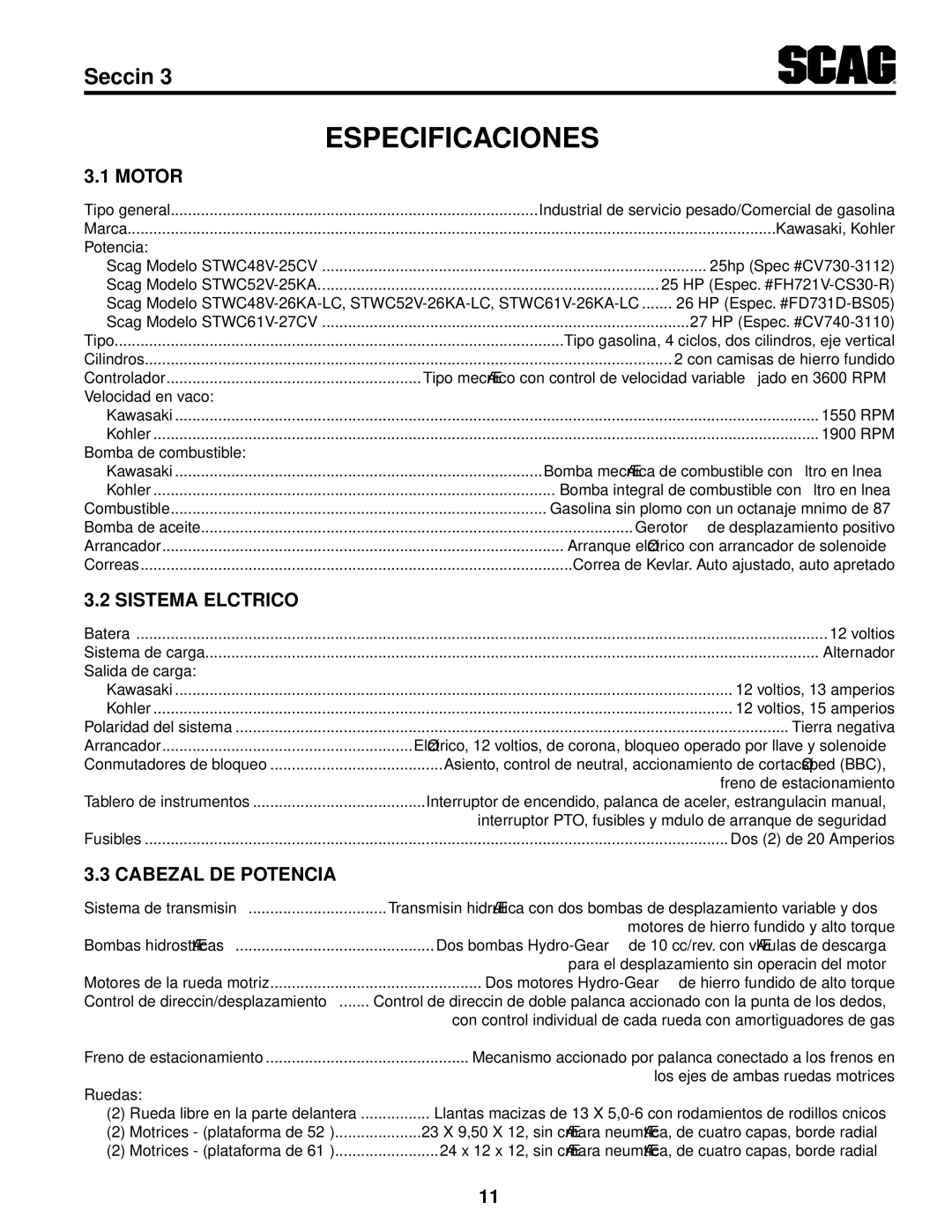 Scag Power Equipment STWC48V-26KA-LC, STWC48V-25CV operating instructions Especificaciones, Potencia DE Cabezal 