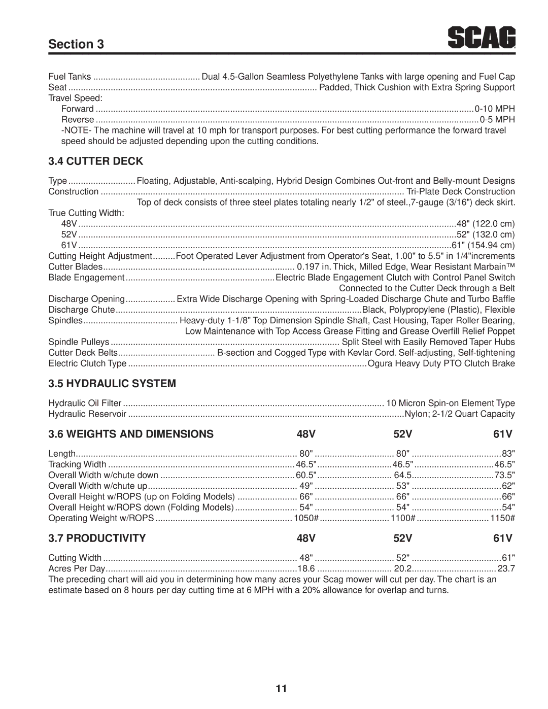 Scag Power Equipment STWC48V-25CV, STWC48V-26KA-LC Cutter Deck, Hydraulic System, Weights and Dimensions 48V 52V 61V 