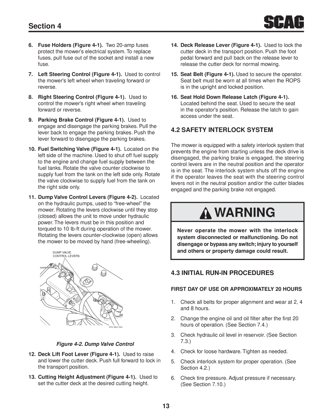 Scag Power Equipment STWC48V-25CV, STWC48V-26KA-LC operating instructions Safety Interlock System, Initial Run-In Procedures 