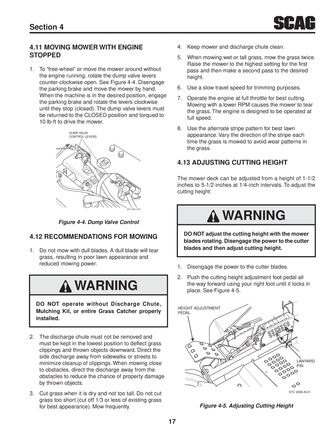 Scag Power Equipment STWC48V-25CV Moving Mower With Engine Stopped, Recommendations For Mowing, Adjusting Cutting Height 