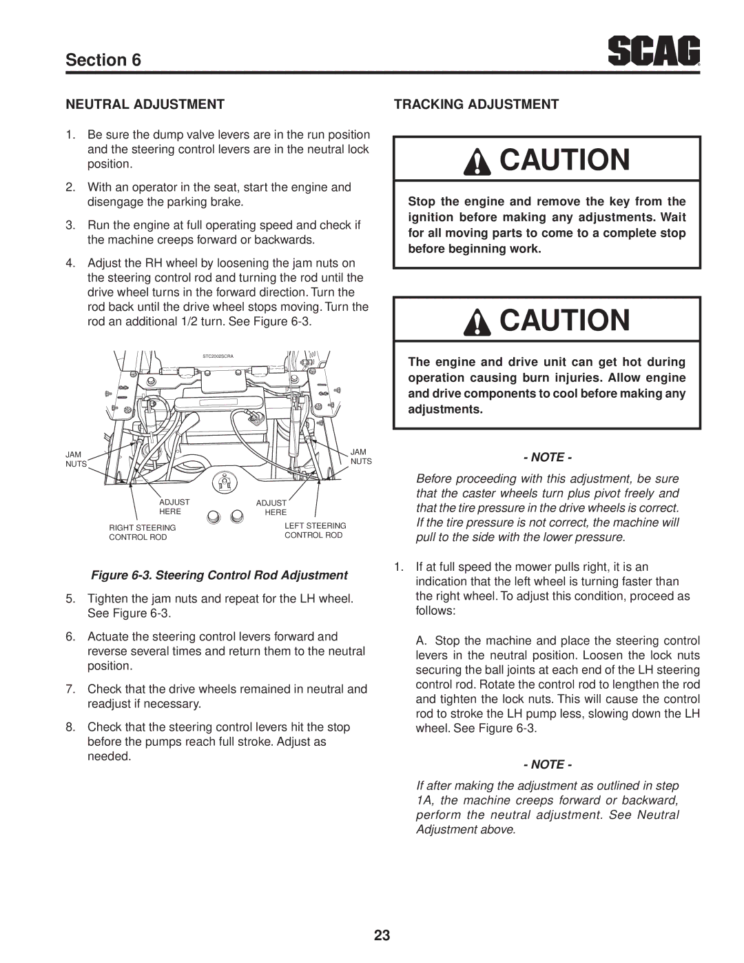 Scag Power Equipment STWC48V-25CV, STWC48V-26KA-LC operating instructions Neutral Adjustment, Tracking Adjustment 