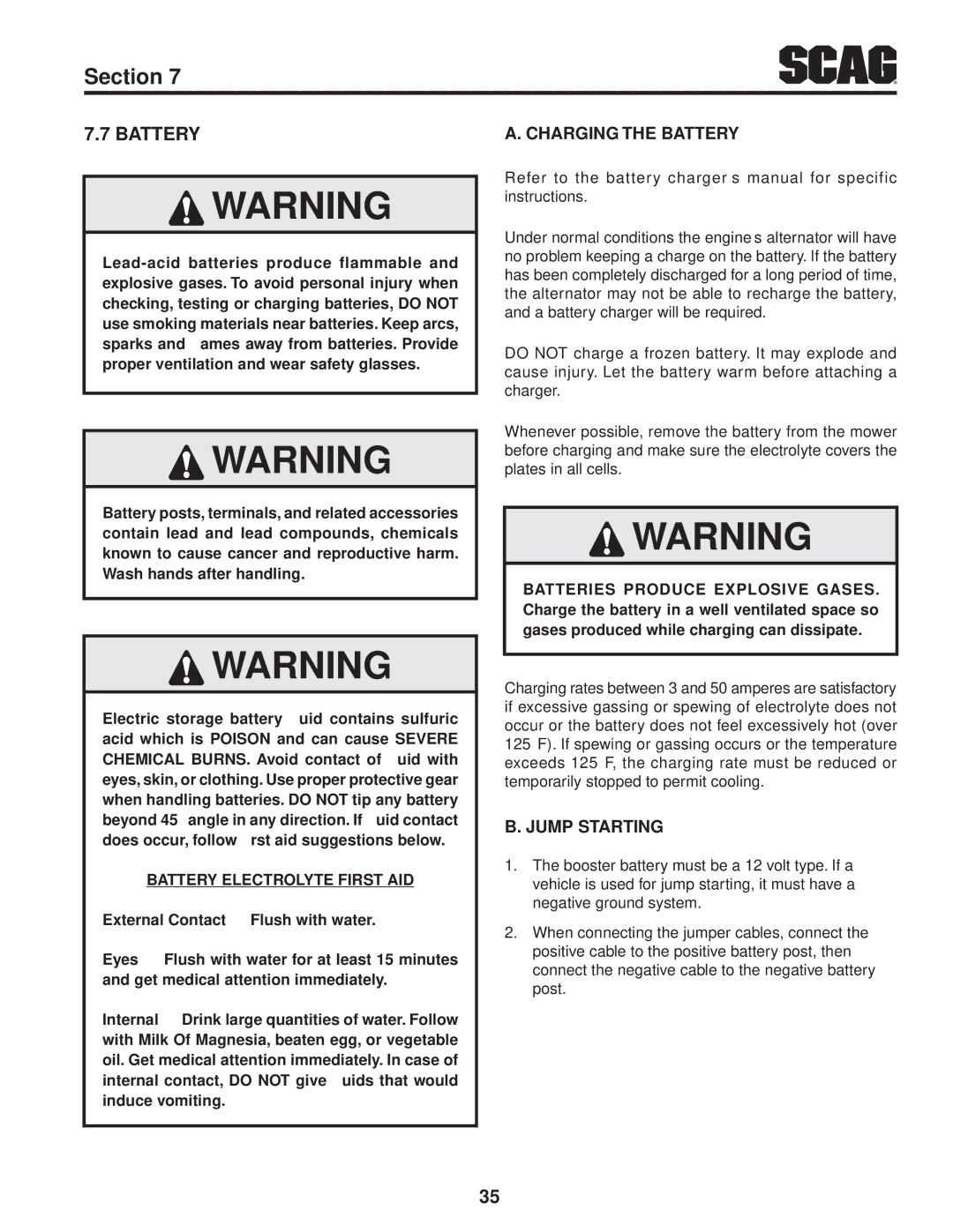 Scag Power Equipment STWC48V-25CV, STWC48V-26KA-LC operating instructions Charging the Battery, Jump Starting 