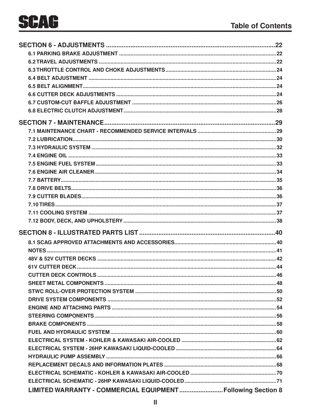 Scag Power Equipment STWC48V-26KA-LC, STWC48V-25CV operating instructions Following Section, Adjustments 