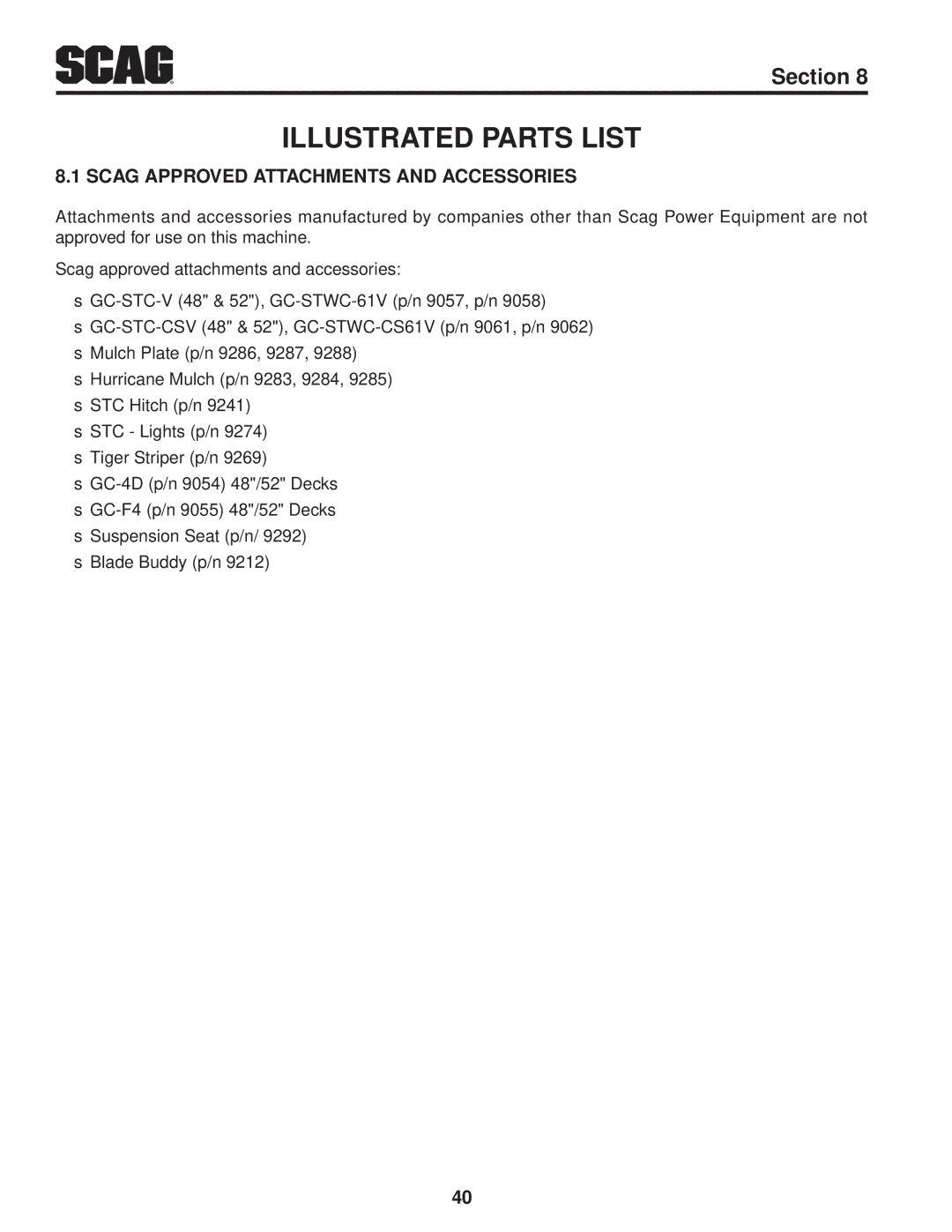 Scag Power Equipment STWC48V-26KA-LC, STWC48V-25CV Illustrated Parts List, Scag Approved Attachments And Accessories 