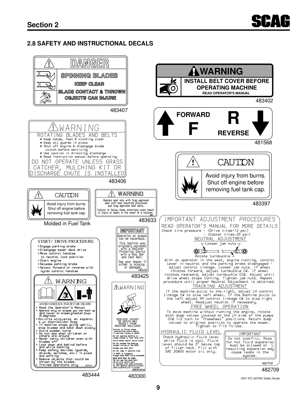 Scag Power Equipment STWC48V-25CV FORWARD R F REvERSE, Safety And Instructional Decals, Section, 483407 483406, 483633 