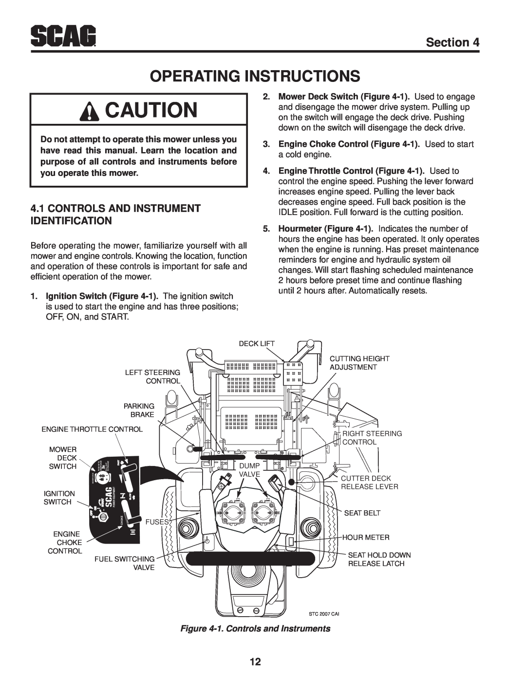 Scag Power Equipment STWC48V-26KA-LC, STWC48V-25CV Operating Instructions, Controls And Instrument Identification, Section 