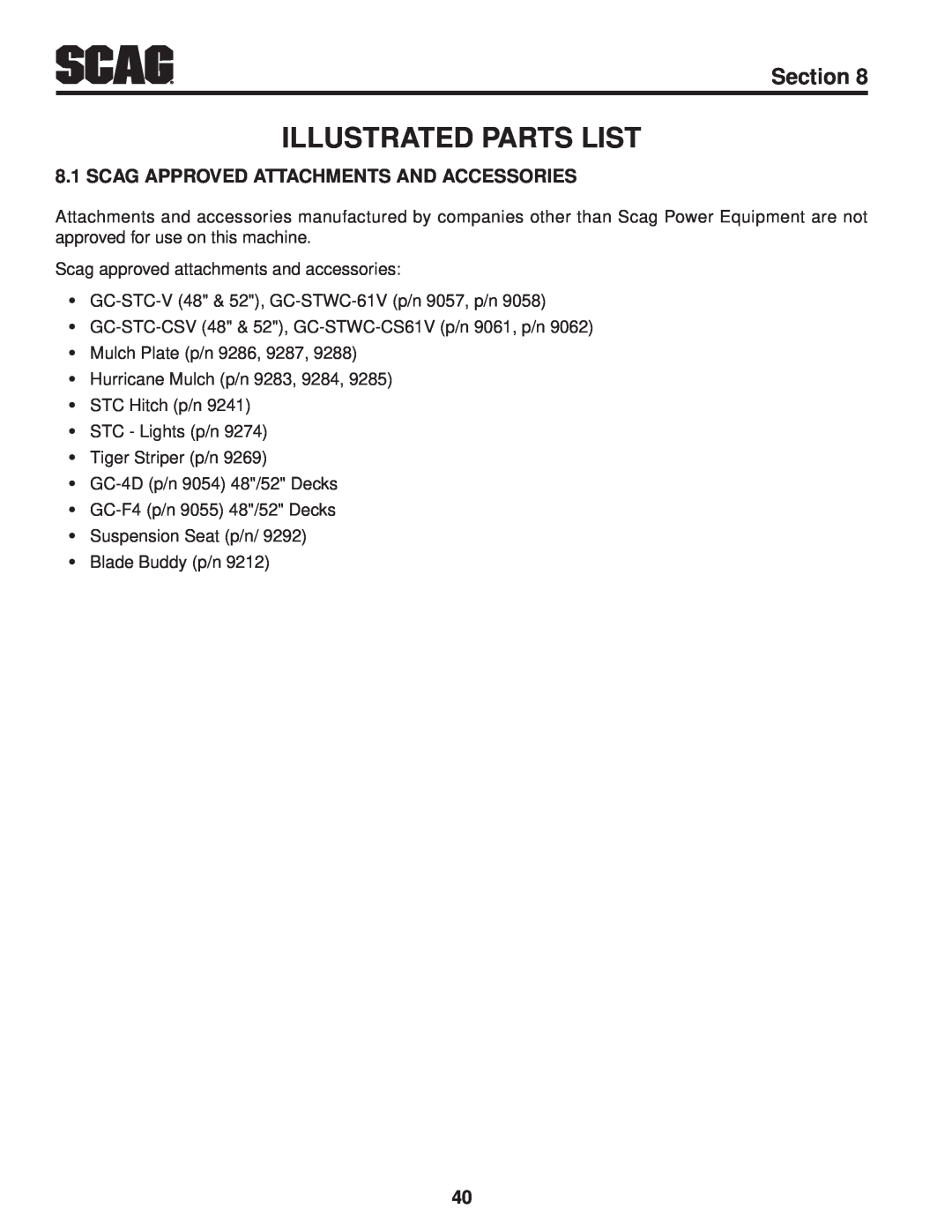 Scag Power Equipment STWC48V-26KA-LC Illustrated Parts List, Scag Approved Attachments And Accessories, Section 