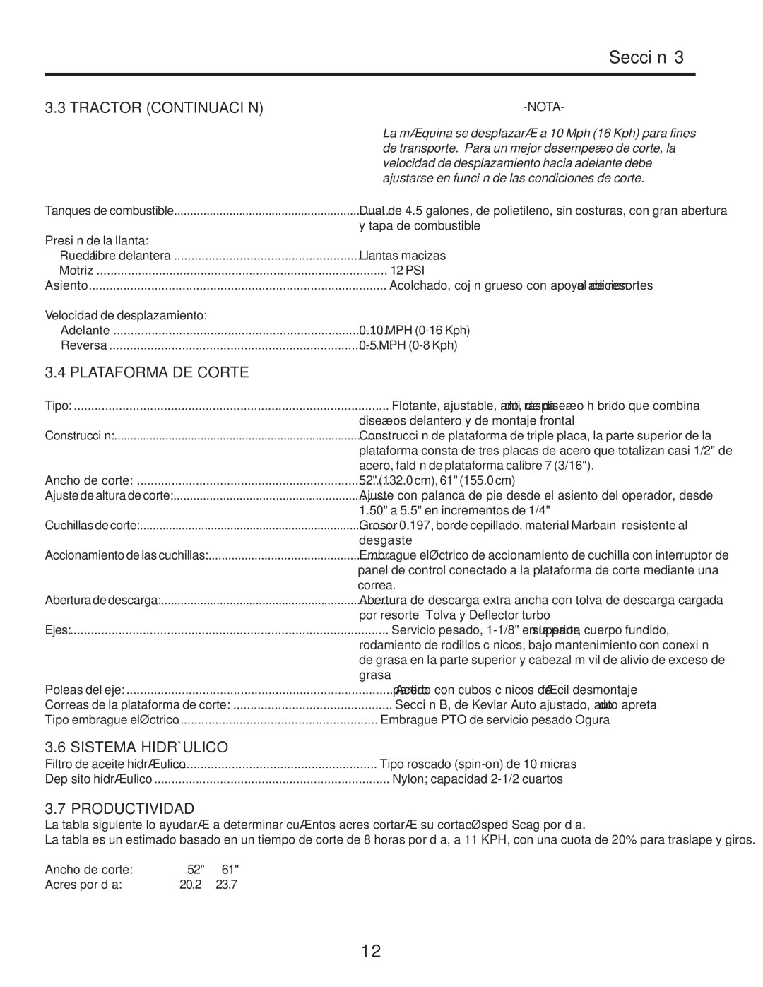 Scag Power Equipment STWC52V-25KA manual Productividad, Hidráulico Sistema, Continuación Tractor, Corte DE Plataforma 