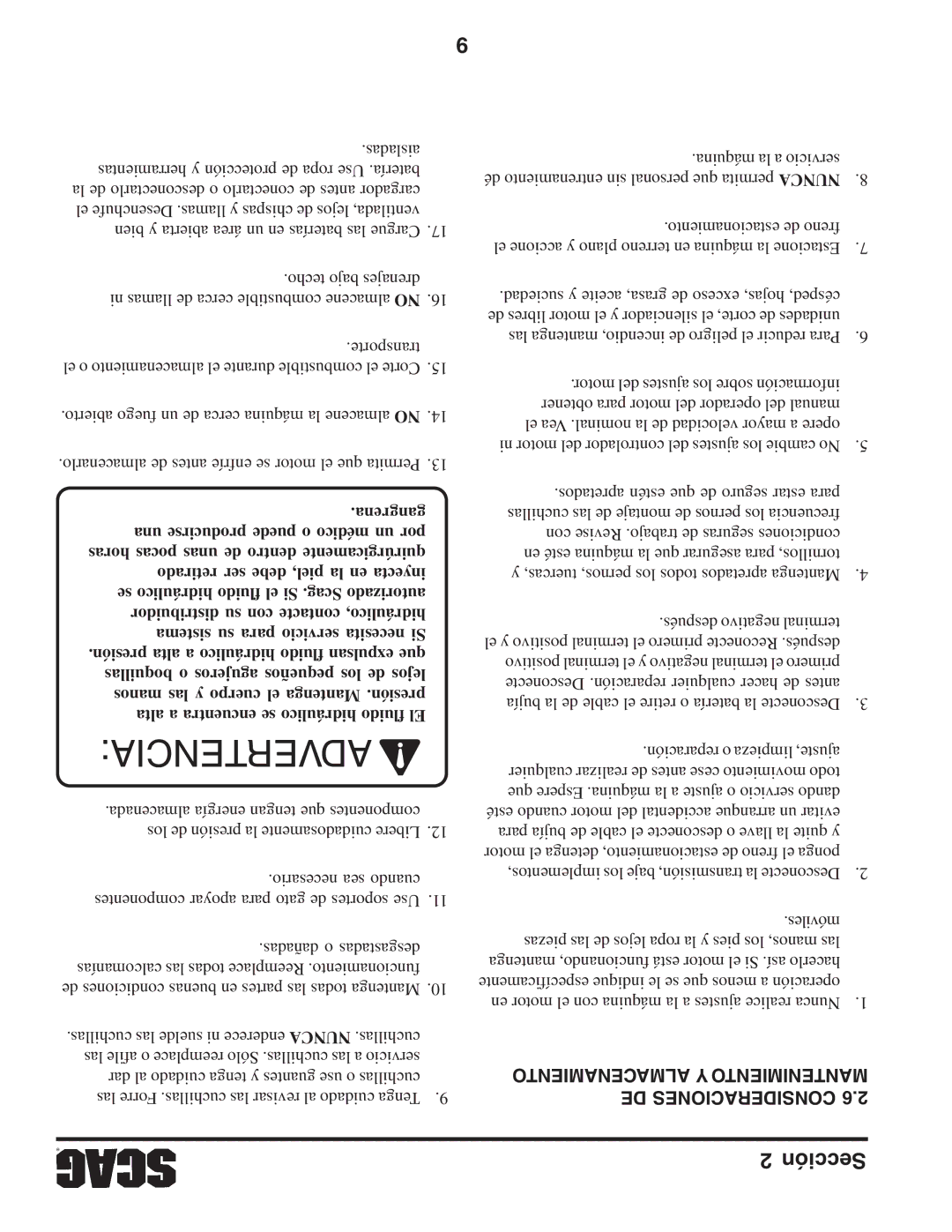 Scag Power Equipment STWC61V-27CV, STWC52V-25KA, STWC61V-26KA-LC manual Almacenamiento Y Mantenimiento DE Consideraciones 