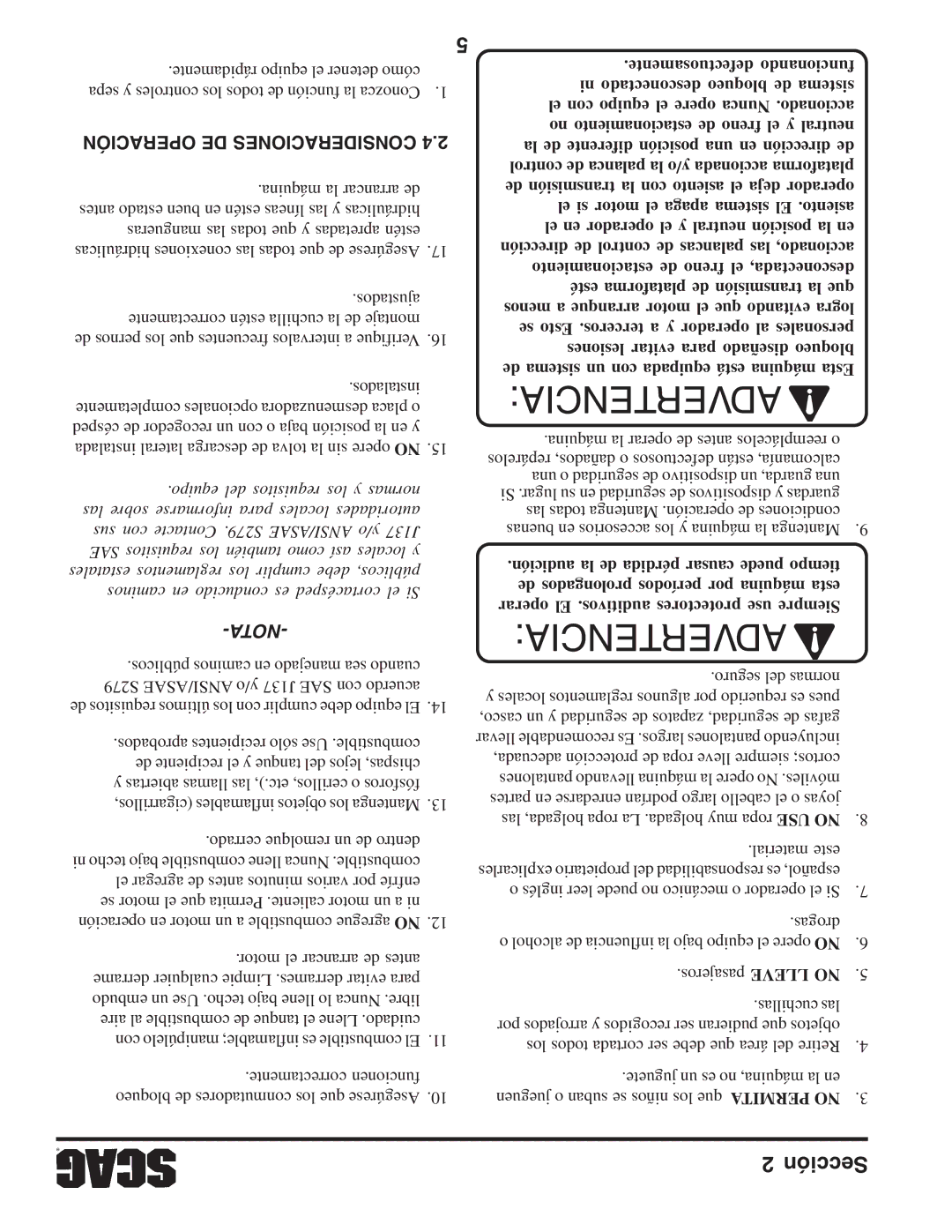 Scag Power Equipment STWC52V-26KA-LC, STWC52V-25KA, STWC61V-26KA-LC, STWC61V-27CV, STWC61V-25KA-LC manual Advertencia 