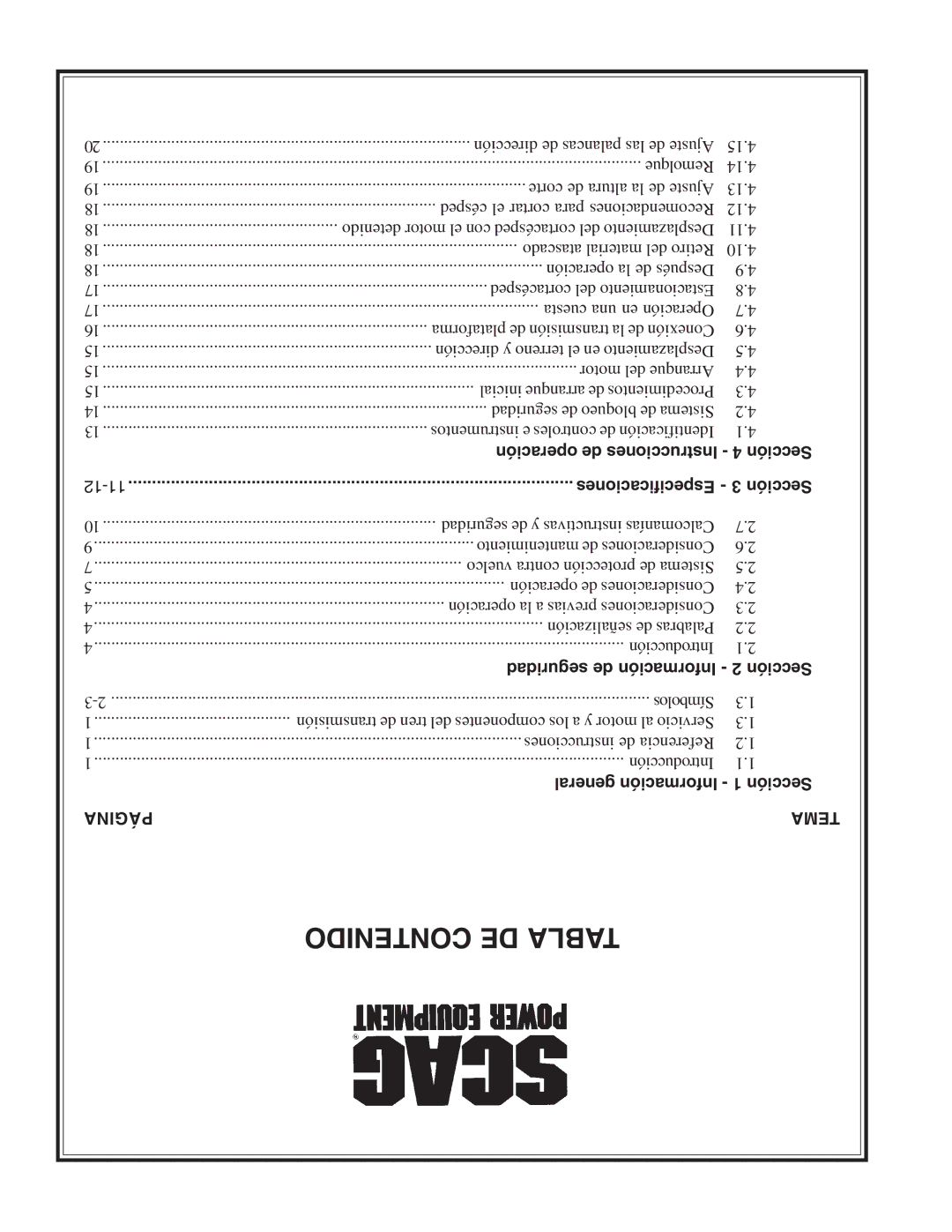 Scag Power Equipment STWC61V-27CV, STWC52V-25KA manual Operación de Instrucciones 4 Sección, Especificaciones 3 Sección 