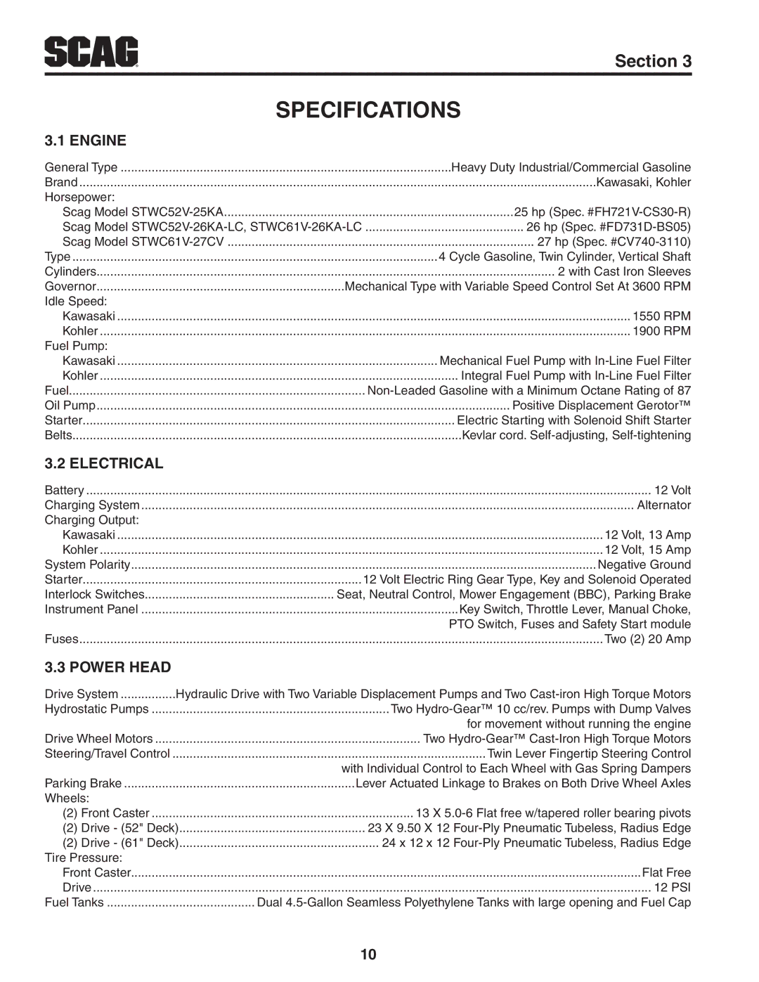 Scag Power Equipment STWC61V-25KA-LC, STWC52V-25KA, STWC61V-26KA-LC manual Specifications, Engine, Electrical, Power Head 