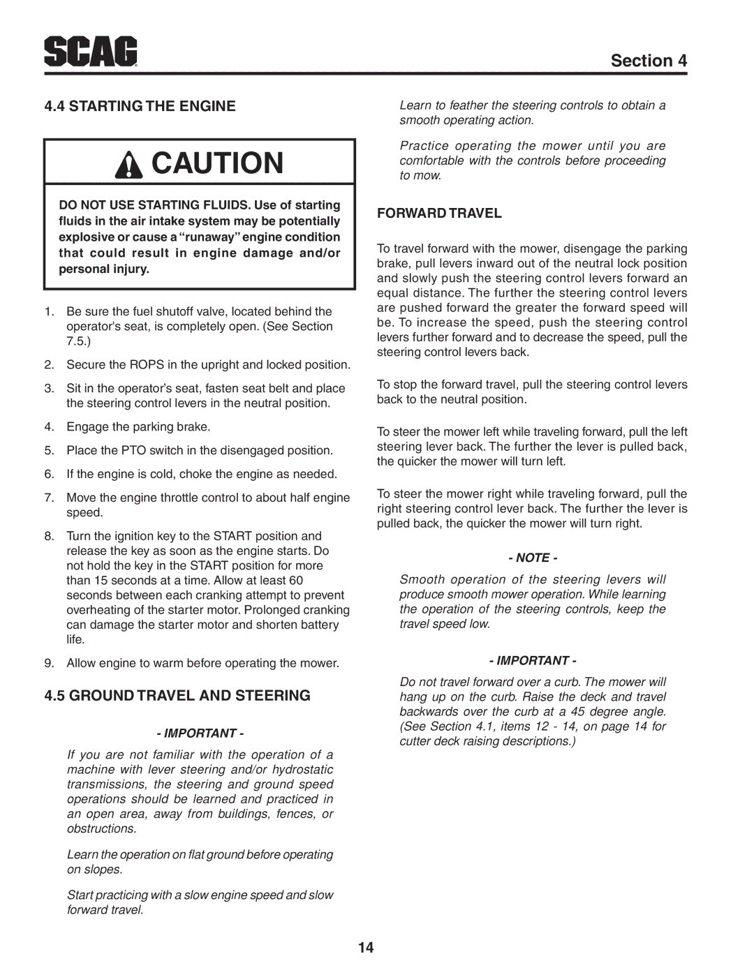 Scag Power Equipment STWC61V-27CV, STWC52V-25KA manual Starting The Engine, Ground Travel And Steering, Forward Travel 