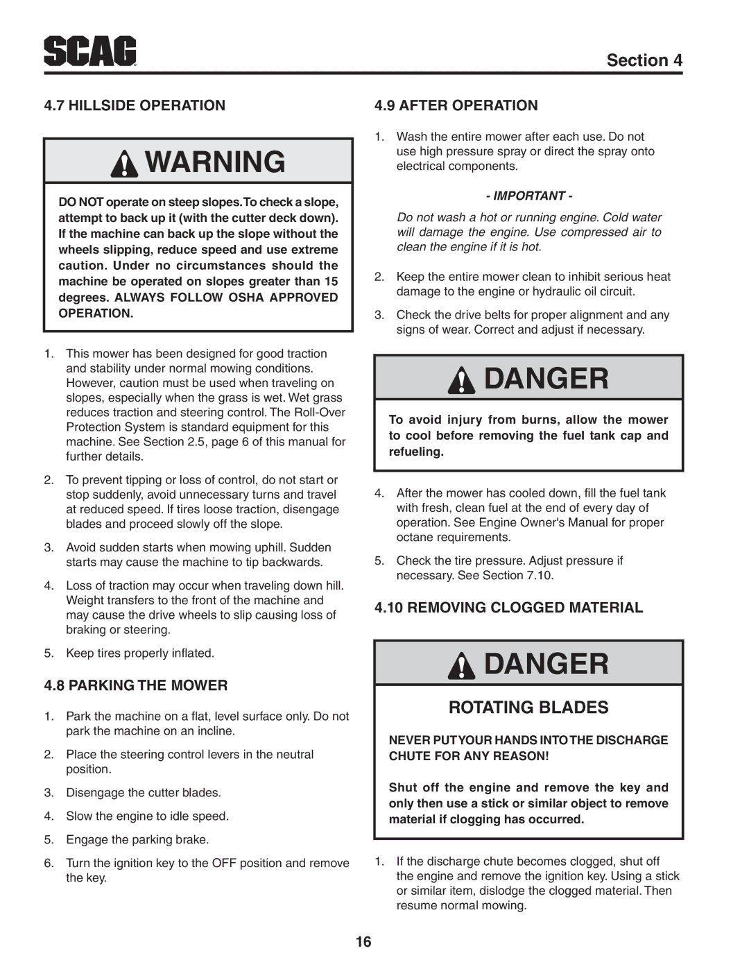 Scag Power Equipment STWC52V-25KA manual Hillside Operation, Parking The Mower, After Operation, Removing Clogged Material 