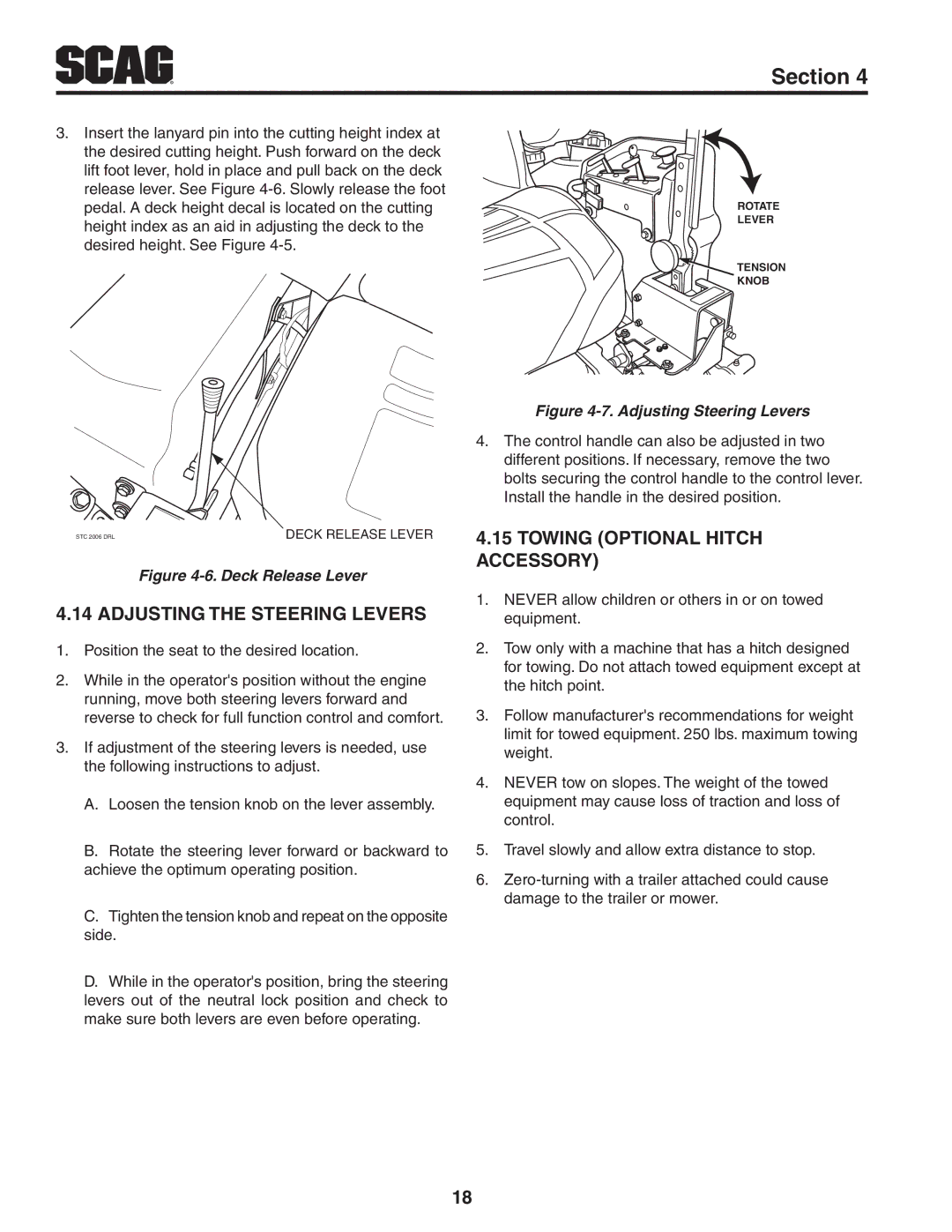 Scag Power Equipment STWC52V-26KA-LC, STWC52V-25KA manual Adjusting The Steering Levers, Towing Optional Hitch Accessory 