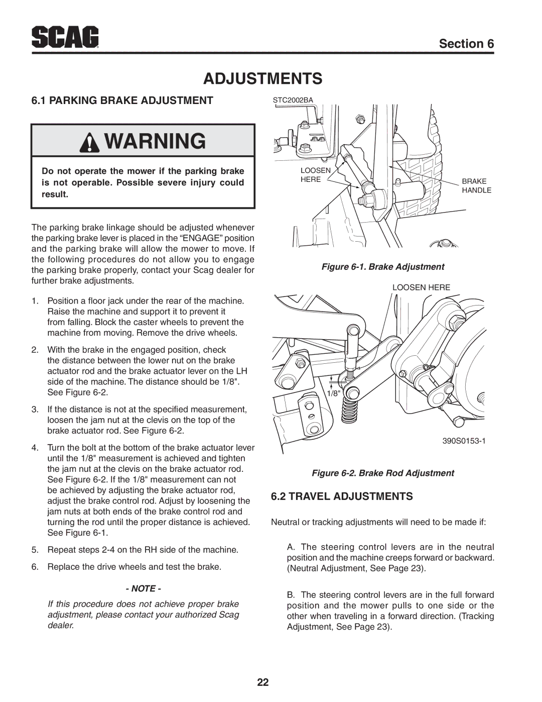 Scag Power Equipment STWC61V-26KA-LC, STWC52V-25KA, STWC52V-26KA-LC manual Parking Brake Adjustment, Travel Adjustments 