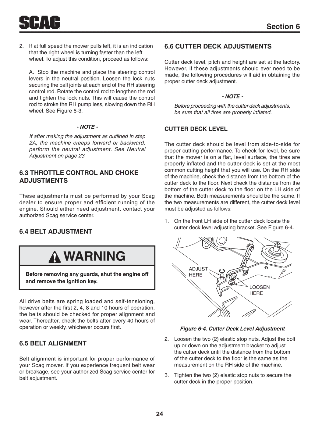 Scag Power Equipment STWC61V-27CV manual Throttle Control And Choke Adjustments, Belt Adjustment Cutter Deck Adjustments 