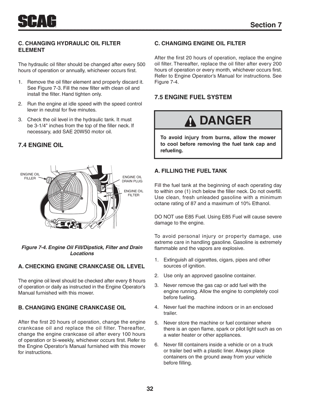 Scag Power Equipment STWC61V-26KA-LC, STWC52V-25KA, STWC52V-26KA-LC, STWC61V-27CV manual Engine Oil, Engine Fuel System 