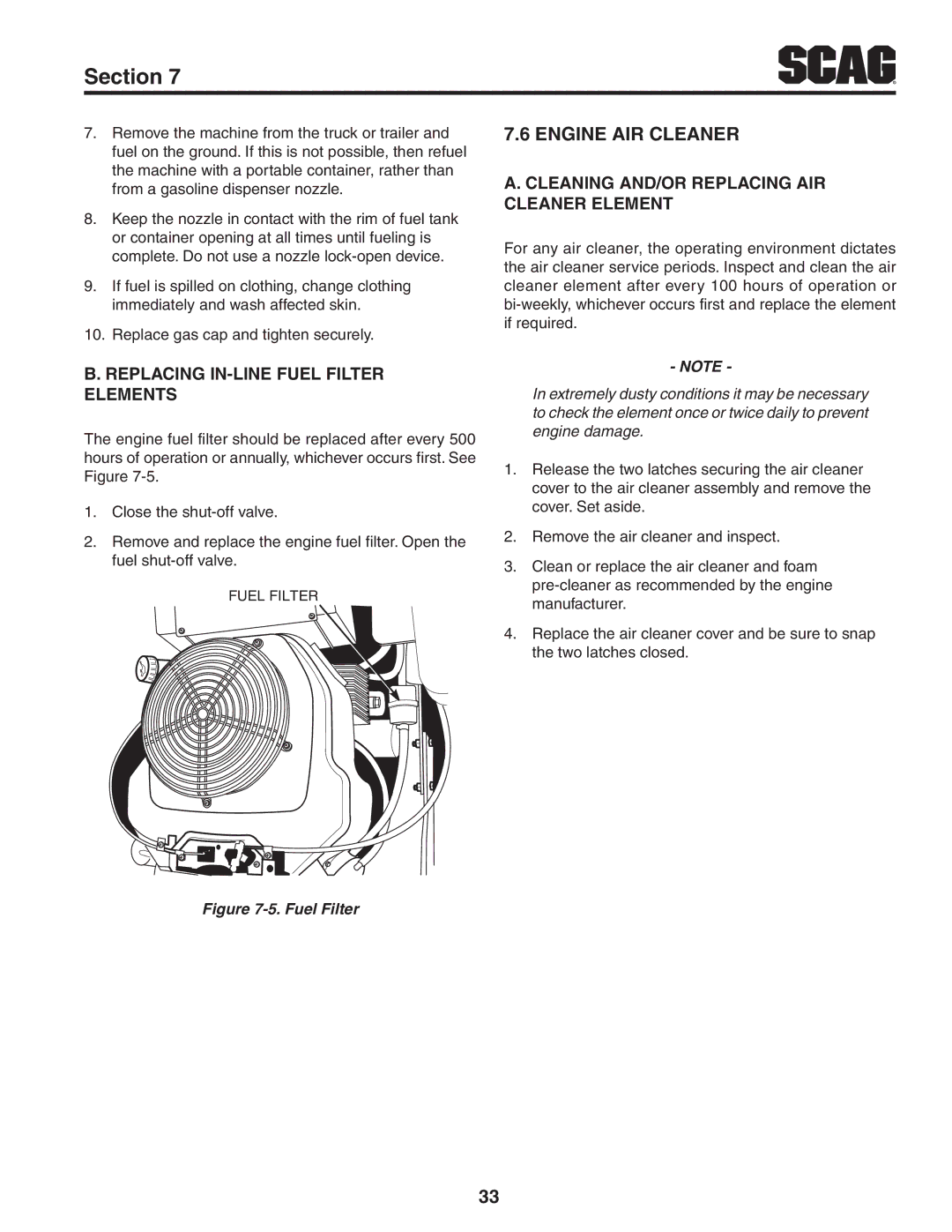 Scag Power Equipment STWC52V-26KA-LC, STWC52V-25KA, STWC61V-27CV Engine Air Cleaner, Replacing In-Line Fuel Filter Elements 