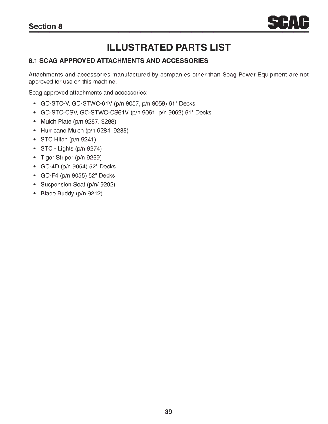 Scag Power Equipment STWC61V-27CV, STWC52V-25KA manual Illustrated Parts List, Scag Approved Attachments And Accessories 