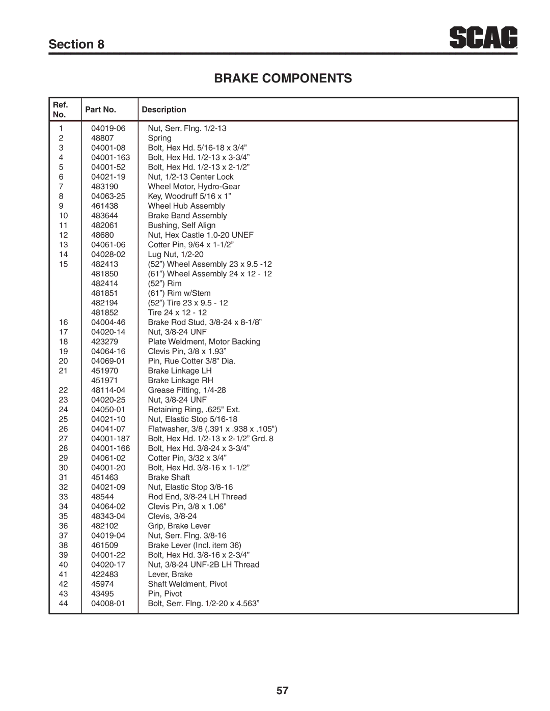 Scag Power Equipment STWC61V-26KA-LC, STWC52V-25KA, STWC52V-26KA-LC, STWC61V-27CV, STWC61V-25KA-LC manual Brake Components 