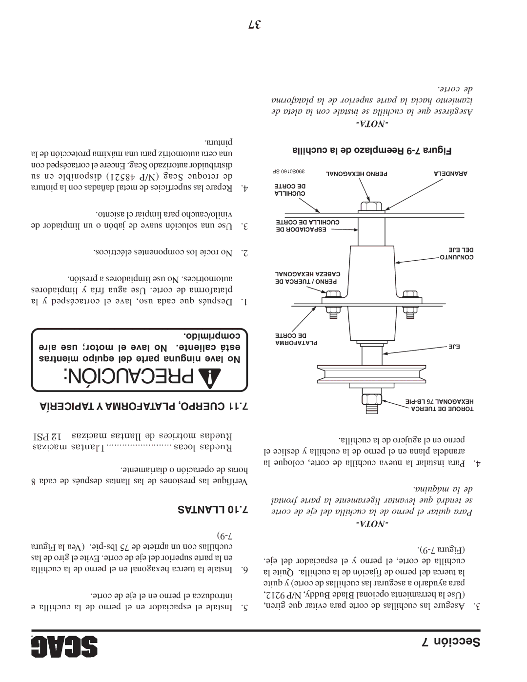 Scag Power Equipment STWC61V-25KA-LC manual Cuchilla la de Reemplazo 9-7 Figura, Tapicería Y Plataforma Cuerpo, Llantas 