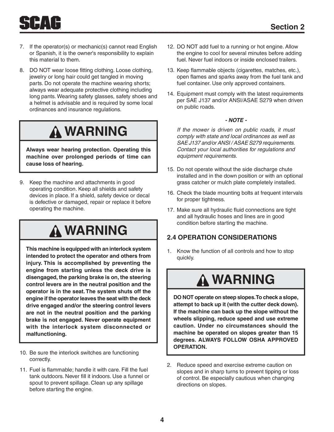 Scag Power Equipment STWC61V-27CV, STWC52V-25KA, STWC61V-26KA-LC, STWC52V-26KA-LC, STWC61V-25KA-LC Operation Considerations 