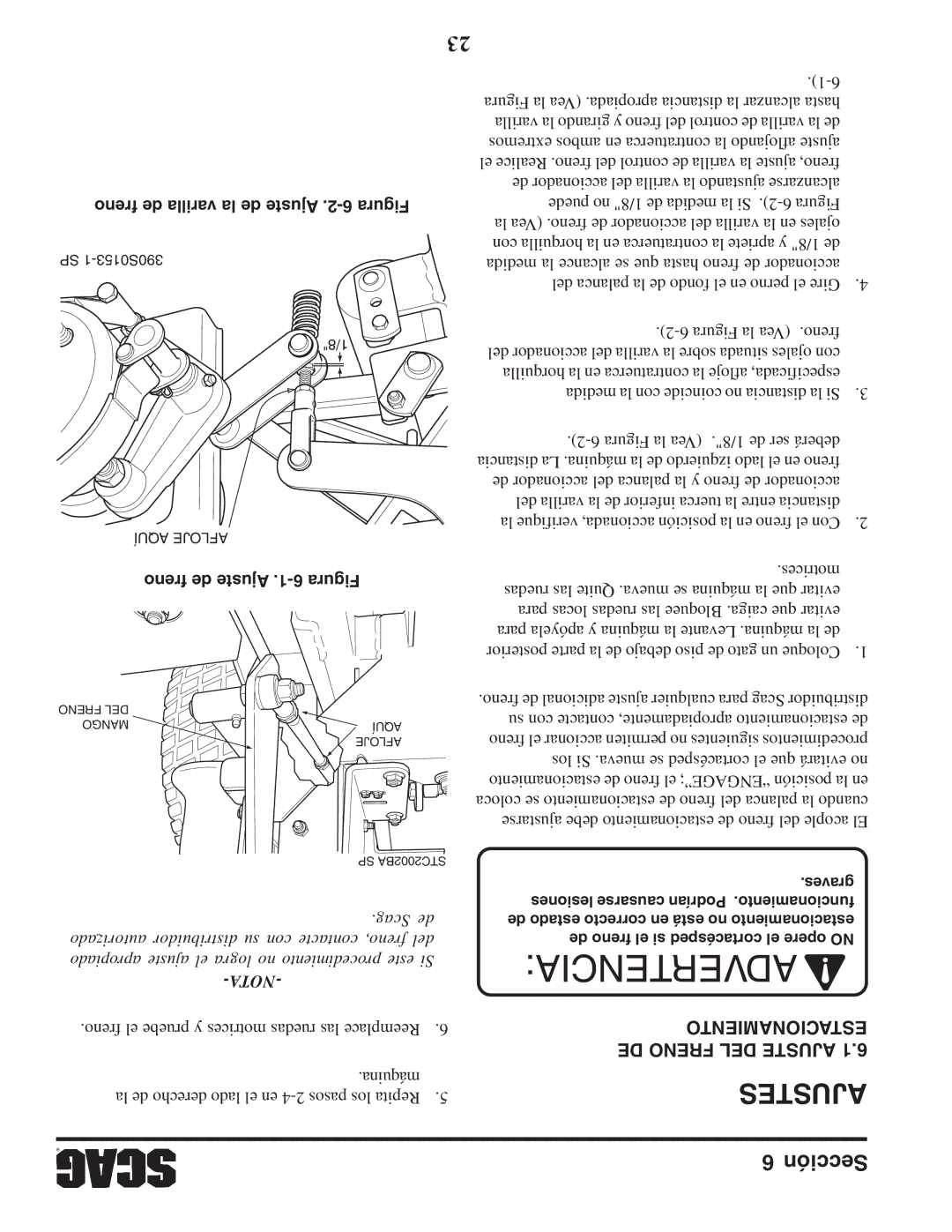 Scag Power Equipment STWC61V-27CV manual Estacionamiento, DE Freno DEL Ajuste, Freno de varilla la de Ajuste .2-6 Figura 