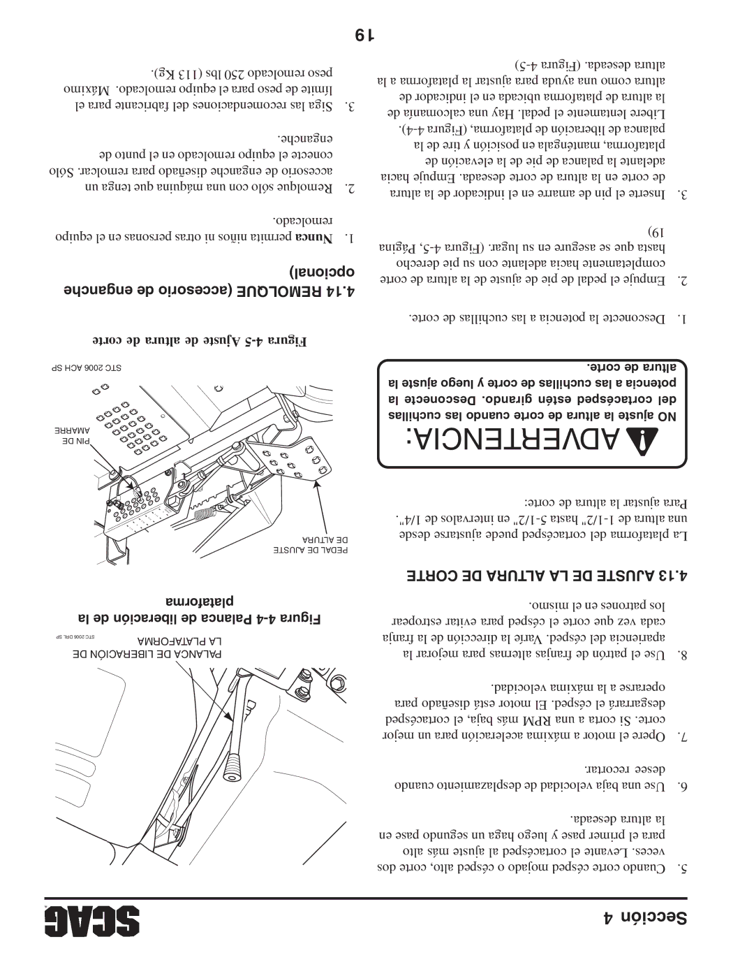 Scag Power Equipment STWC61V-27CV manual Opcional enganche de accesorio Remolque, Plataforma, Corte DE Altura LA DE Ajuste 