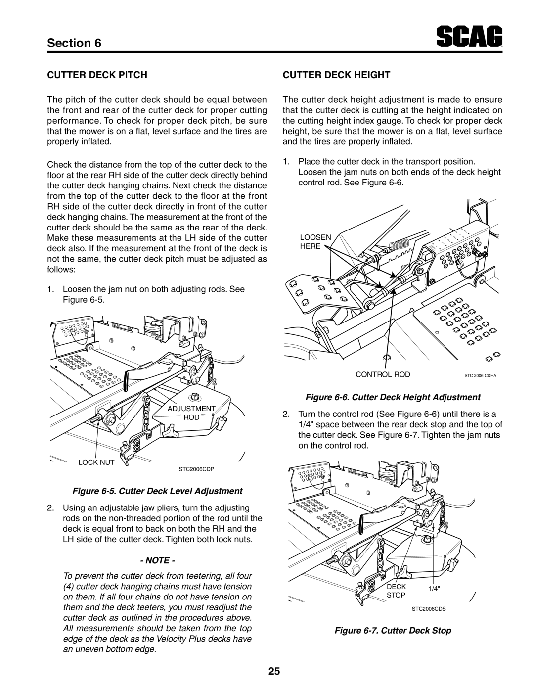Scag Power Equipment STWC61V-25KA-LC manual Section, Cutter Deck Pitch, Cutter Deck Height, 5. Cutter Deck Level Adjustment 