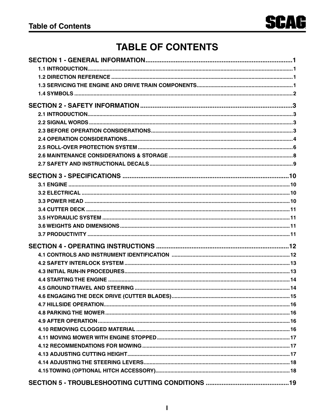 Scag Power Equipment STWC61V-27CV manual Table Of Contents, Table of Contents, General Information, Safety Information 