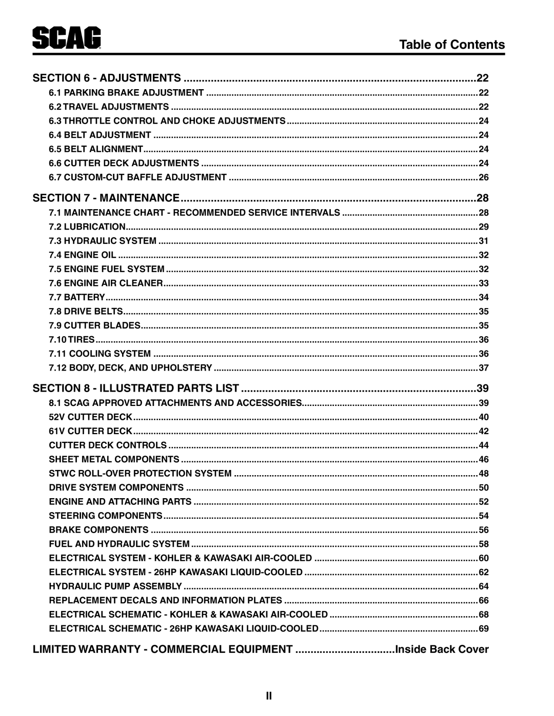 Scag Power Equipment STWC61V-25KA-LC manual Table of Contents, Limited Warranty - Commercial Equipment, Inside Back Cover 