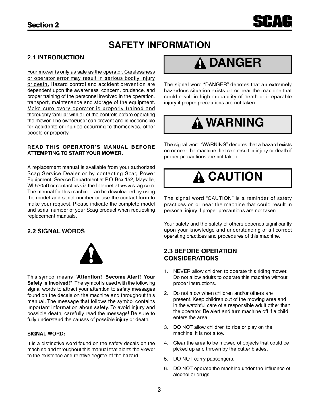 Scag Power Equipment STWC52V-26KA-LC, STWC52V-25KA manual Danger, Safety Information, Section, Introduction, Signal Words 