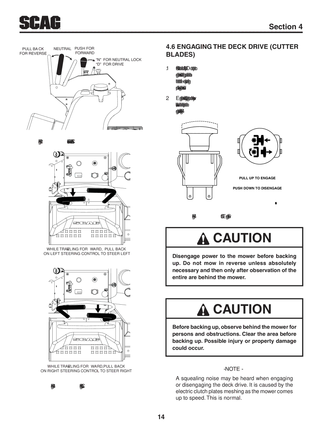 Scag Power Equipment SVR61V-29FX manual Engaging the Deck Drive Cutter Blades, Forward / Reverse Controls 