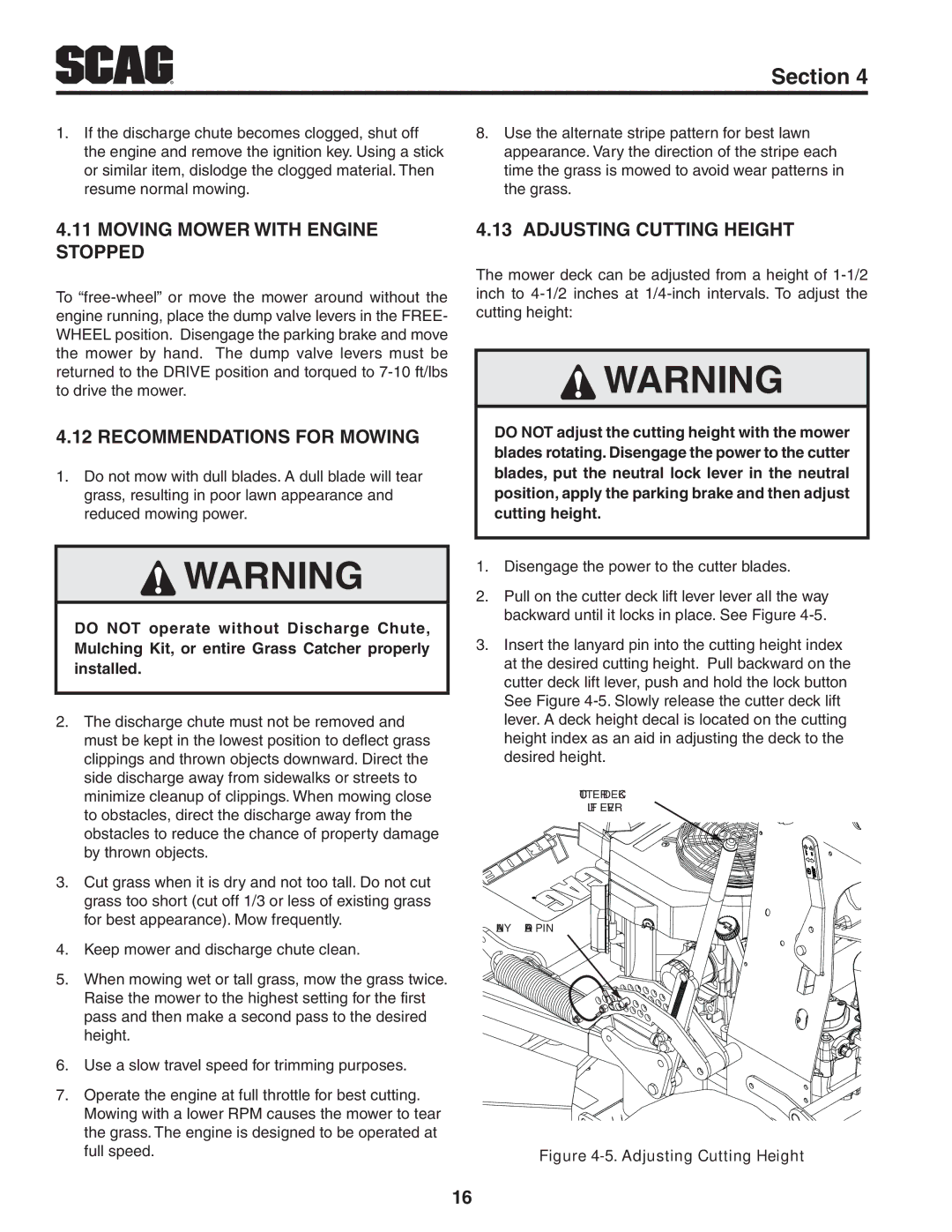 Scag Power Equipment SVR61V-29FX Moving Mower with Engine Stopped, Recommendations for Mowing, Adjusting Cutting Height 