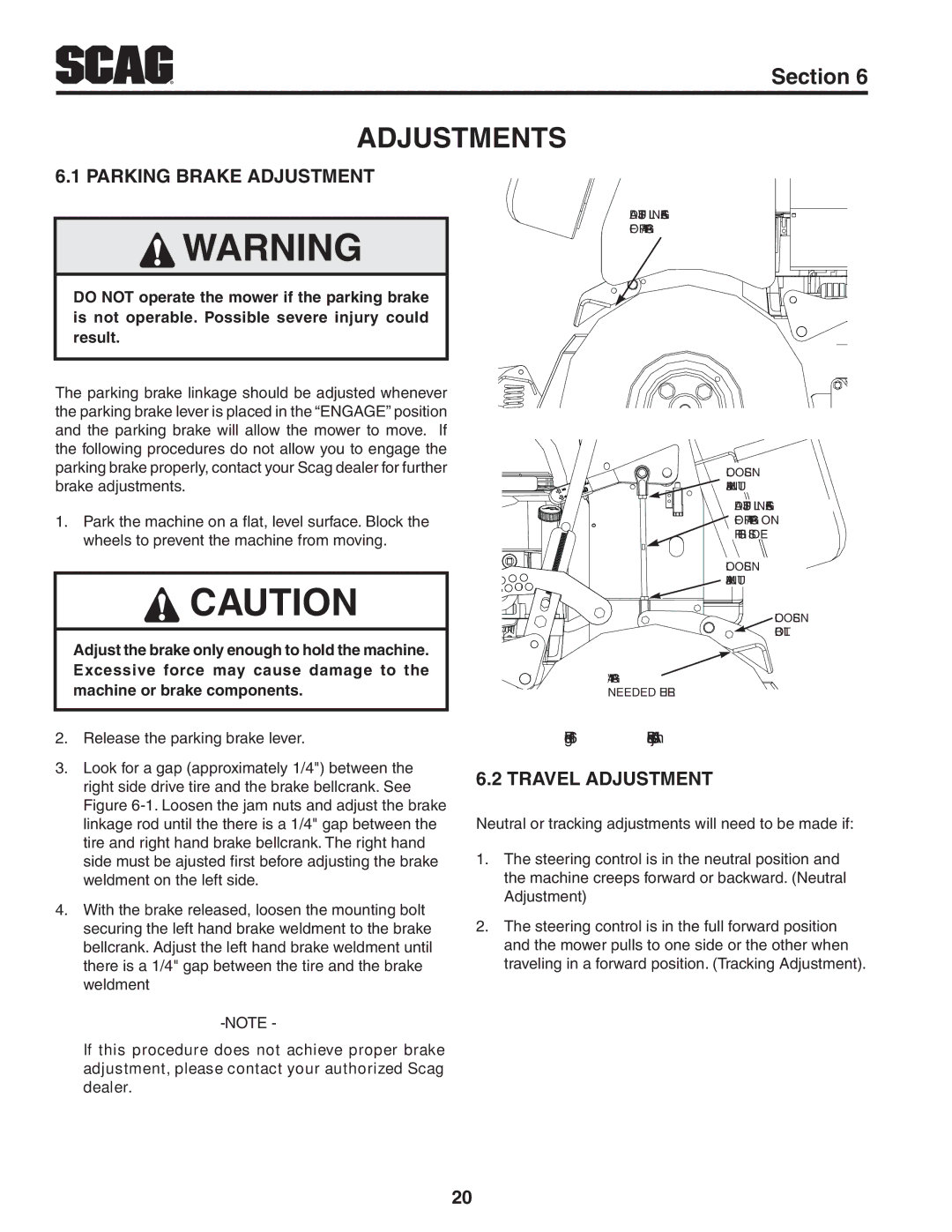 Scag Power Equipment SVR61V-29FX manual Adjustments, Parking brake adjustment, Travel adjustment 