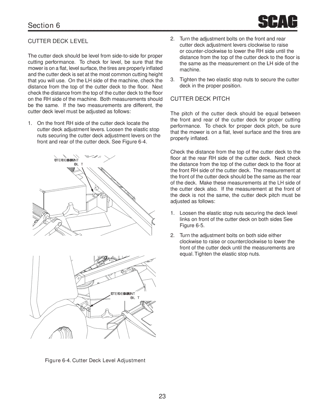 Scag Power Equipment SVR61V-29FX manual Cutter deck level, Cutter deck pitch 