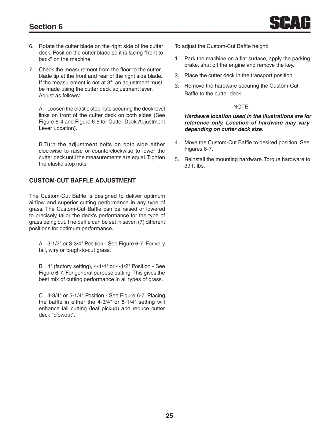 Scag Power Equipment SVR61V-29FX manual Custom-Cut Baffle Adjustment 